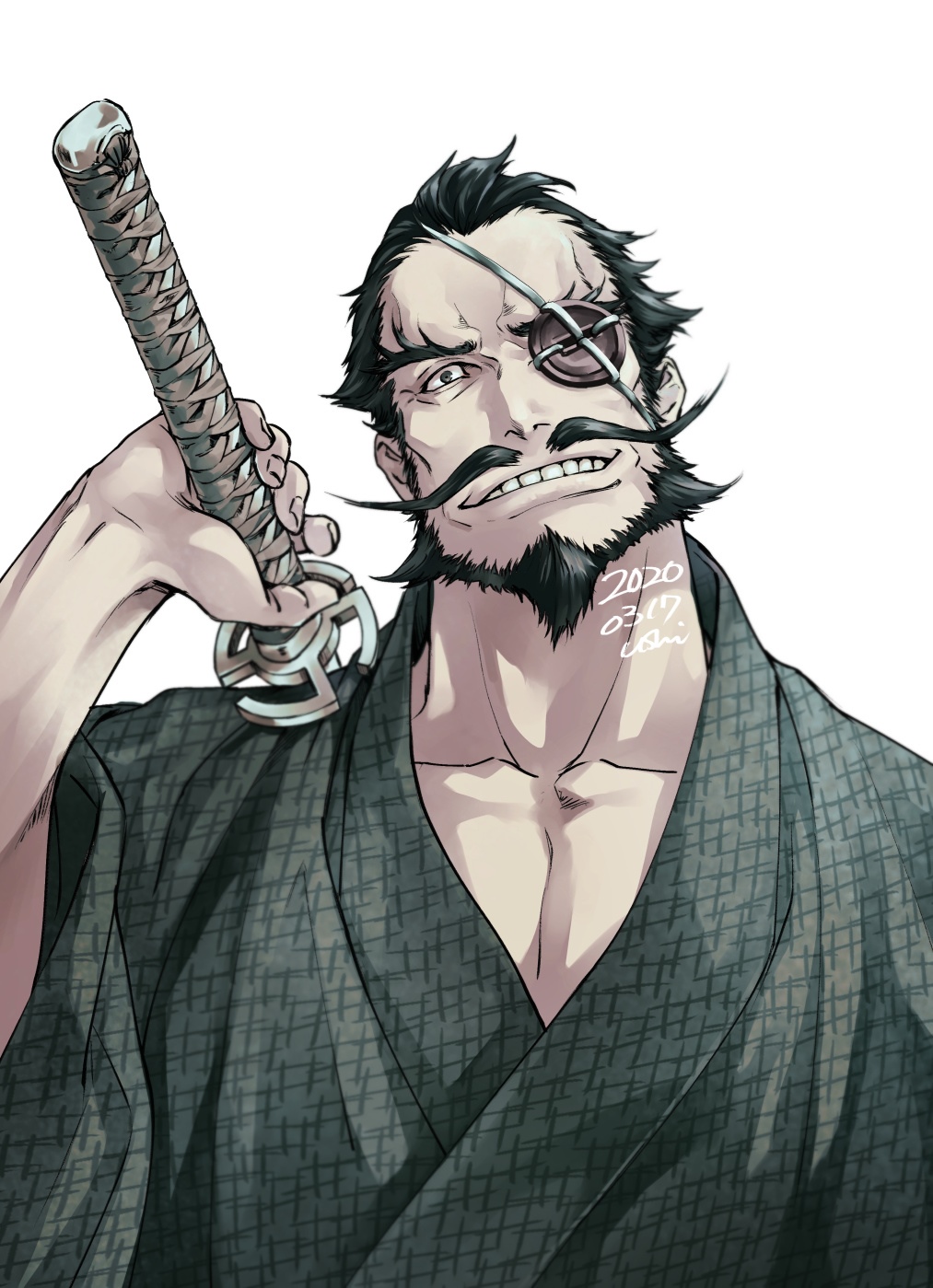 Jigokuraku: Bearded Man with Eyepatch and Sword HD Phone Wallpaper