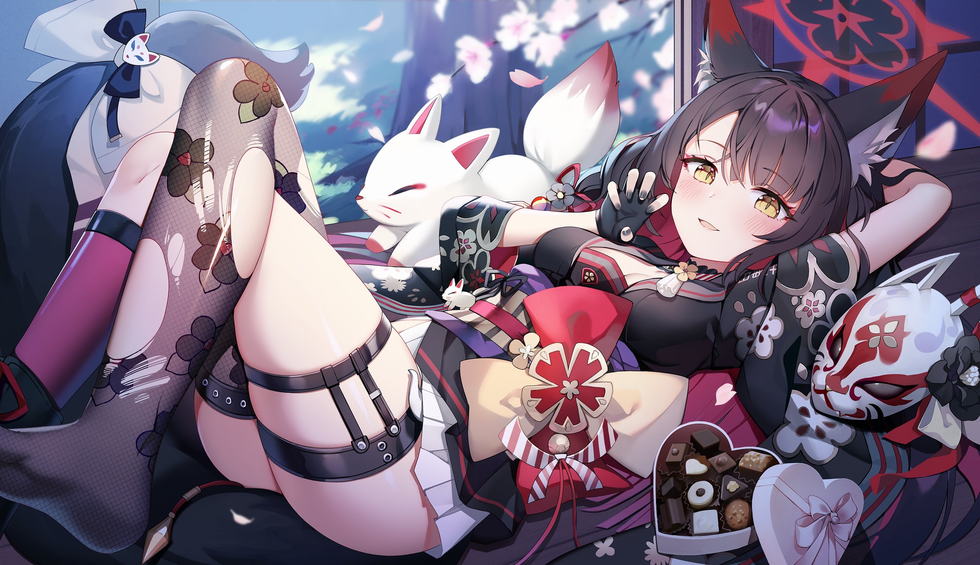 Kosaka Wakamo from Blue Archive with a fox spirit and chocolates HD Wallpaper