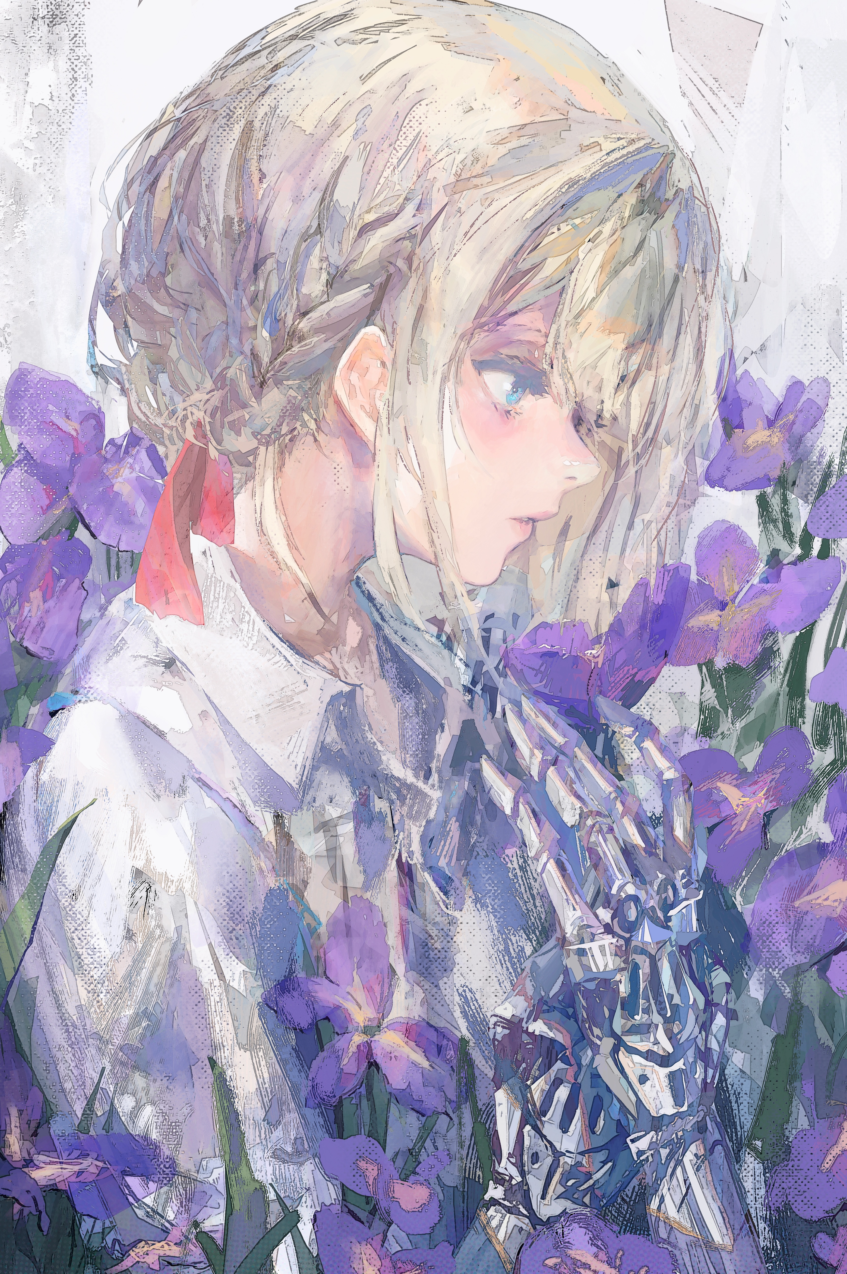 Violet Evergarden surrounded by purple irises HD Phone Wallpaper