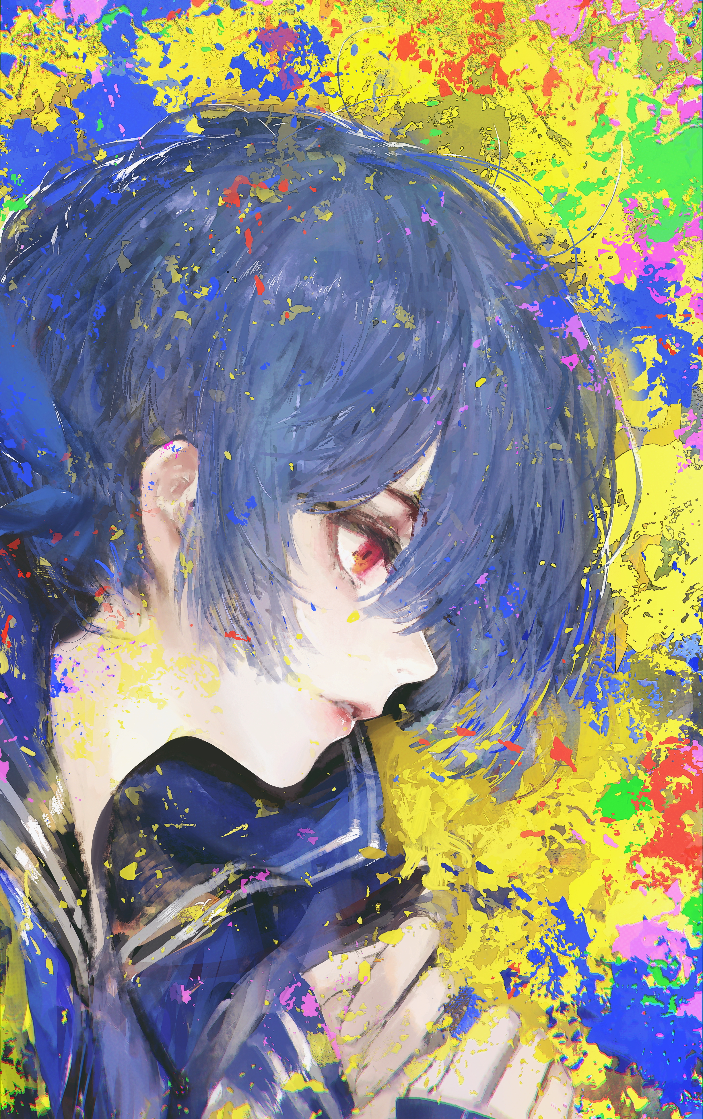 Artwork of a woman with blue hair and red eyes HD Phone Wallpaper