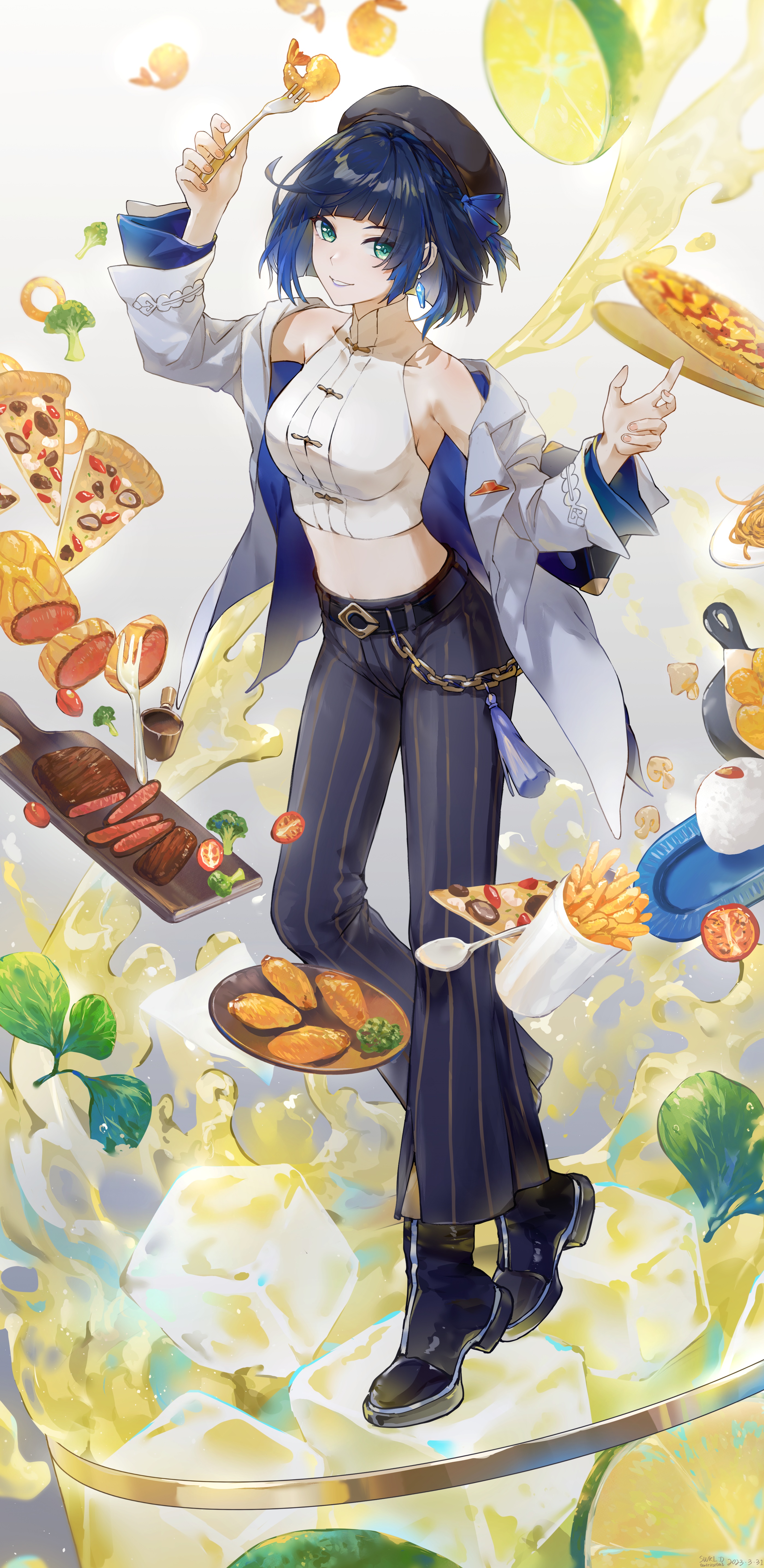 Yelan from Genshin Impact with food and drinks HD Phone Wallpaper