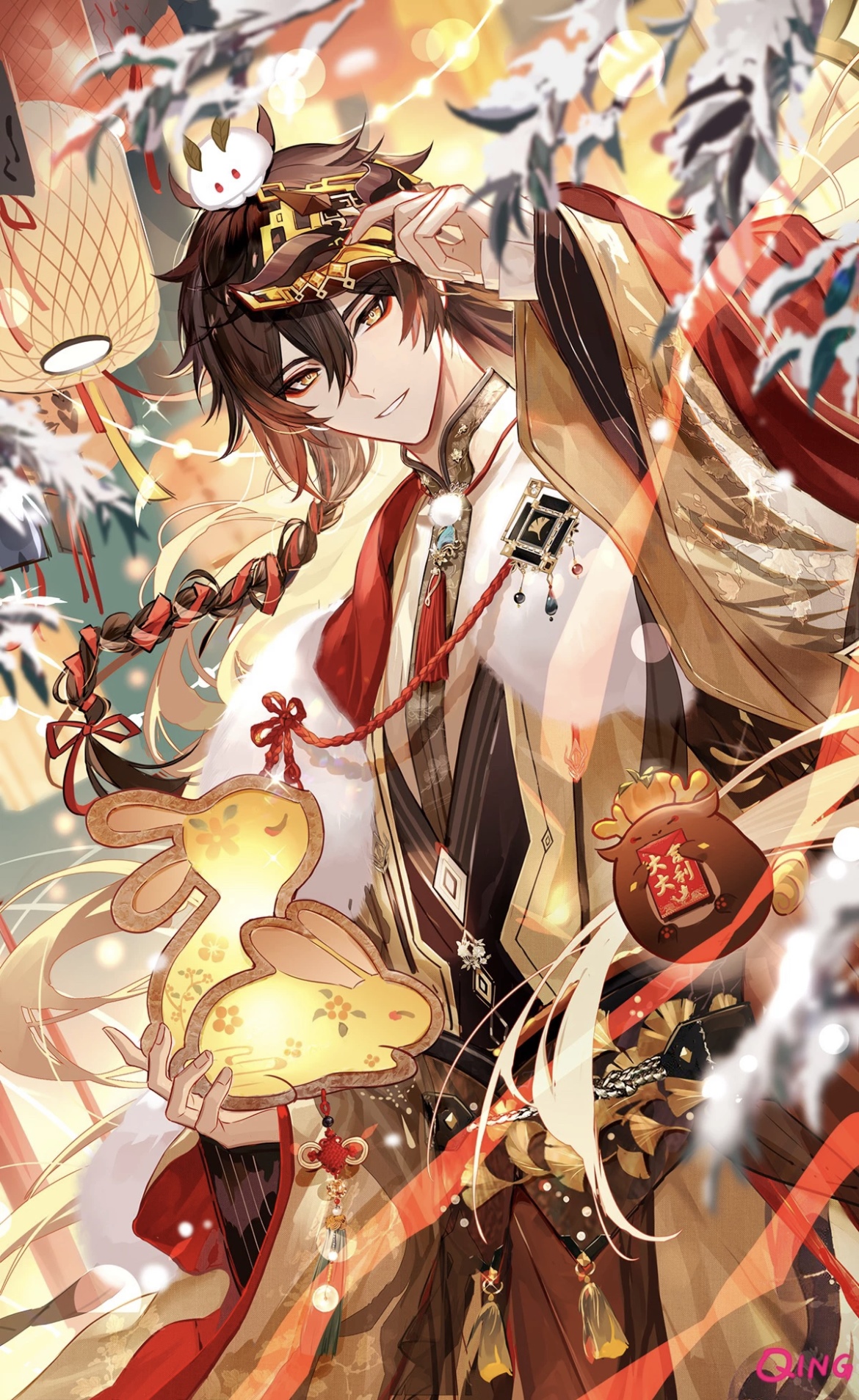 Zhongli from Genshin Impact holding a rabbit lantern HD Phone Wallpaper