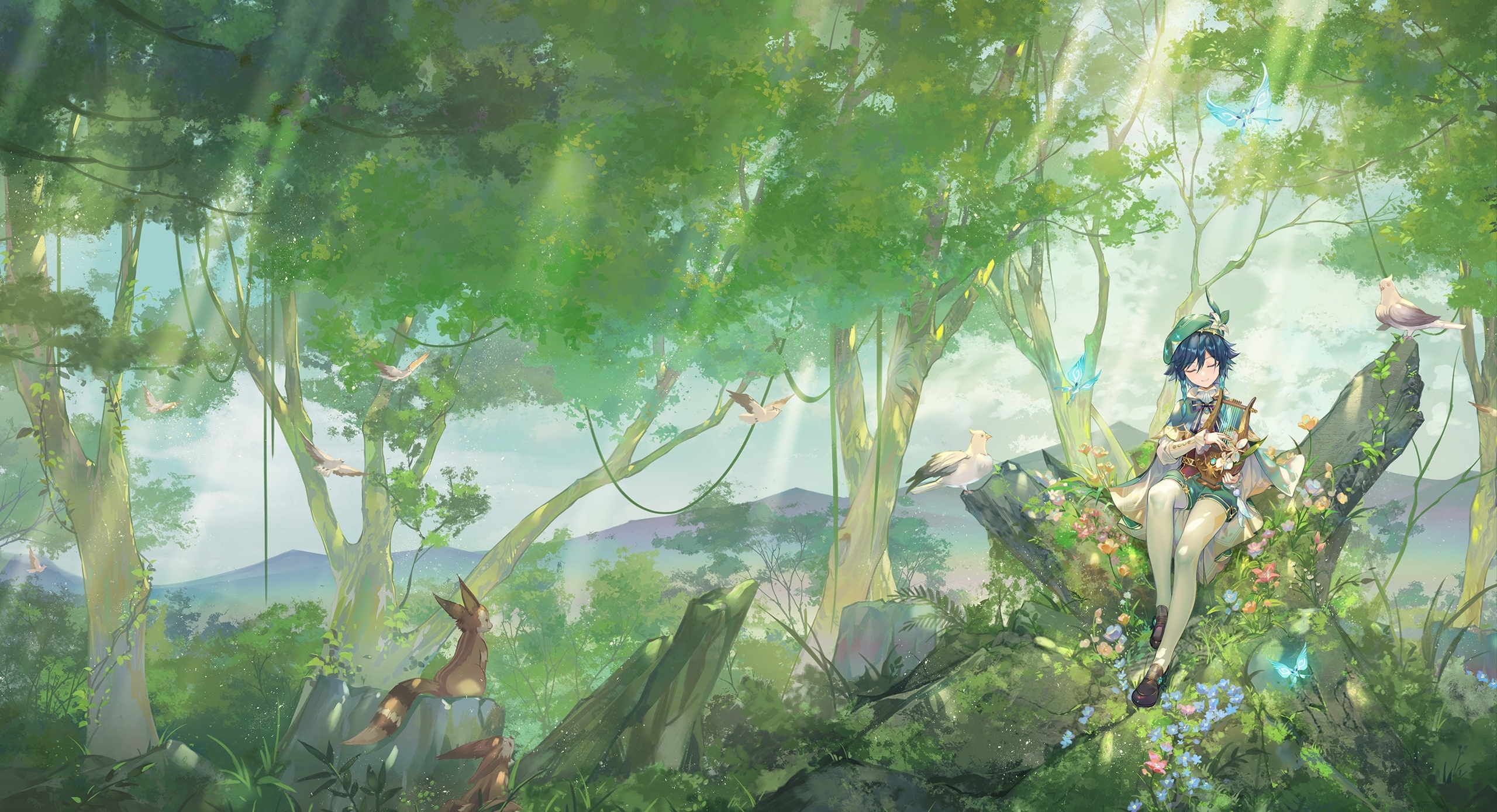 Venti playing a musical instrument in a forest HD Wallpaper