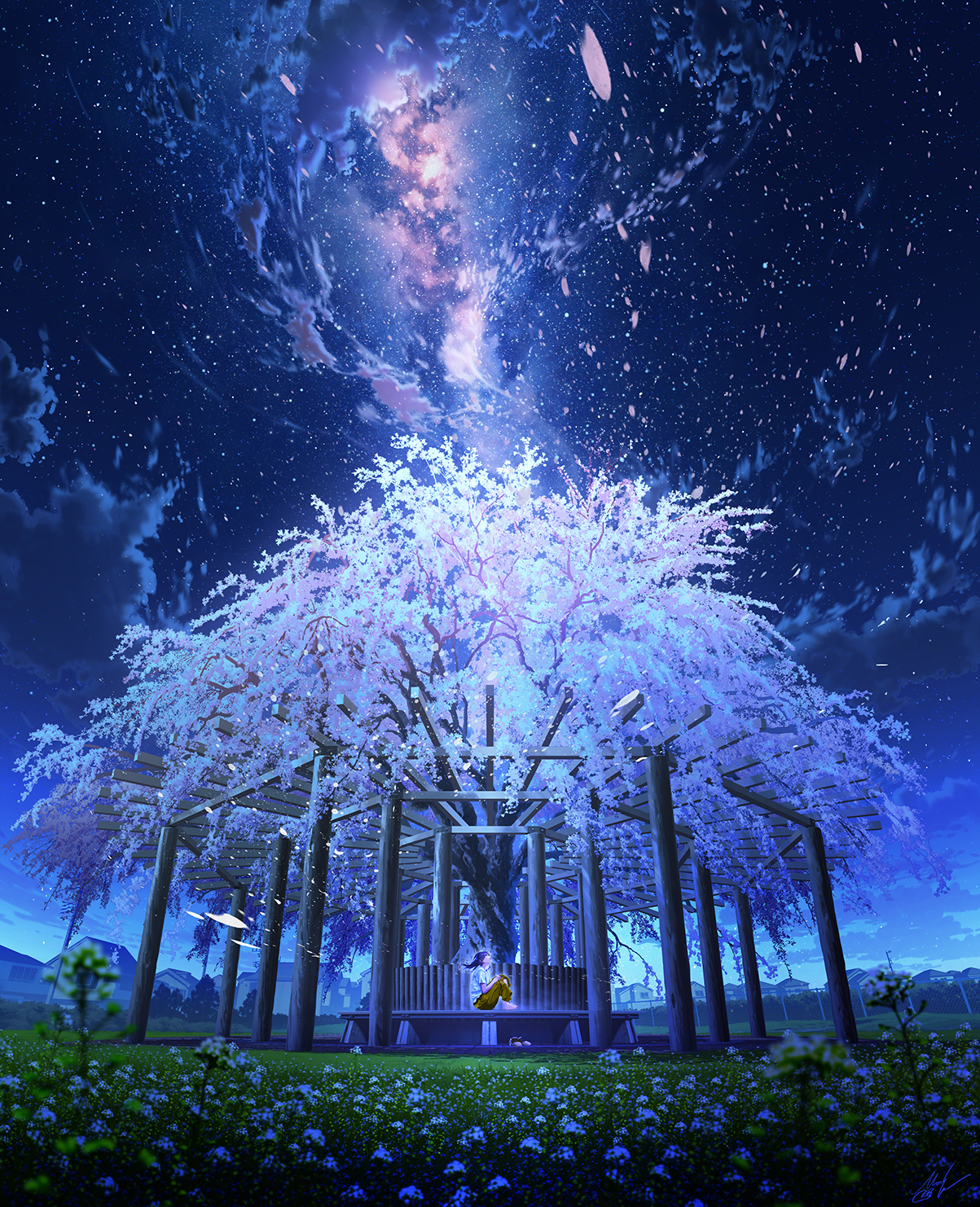 Girl under a blooming cherry blossom tree at night HD Phone Wallpaper