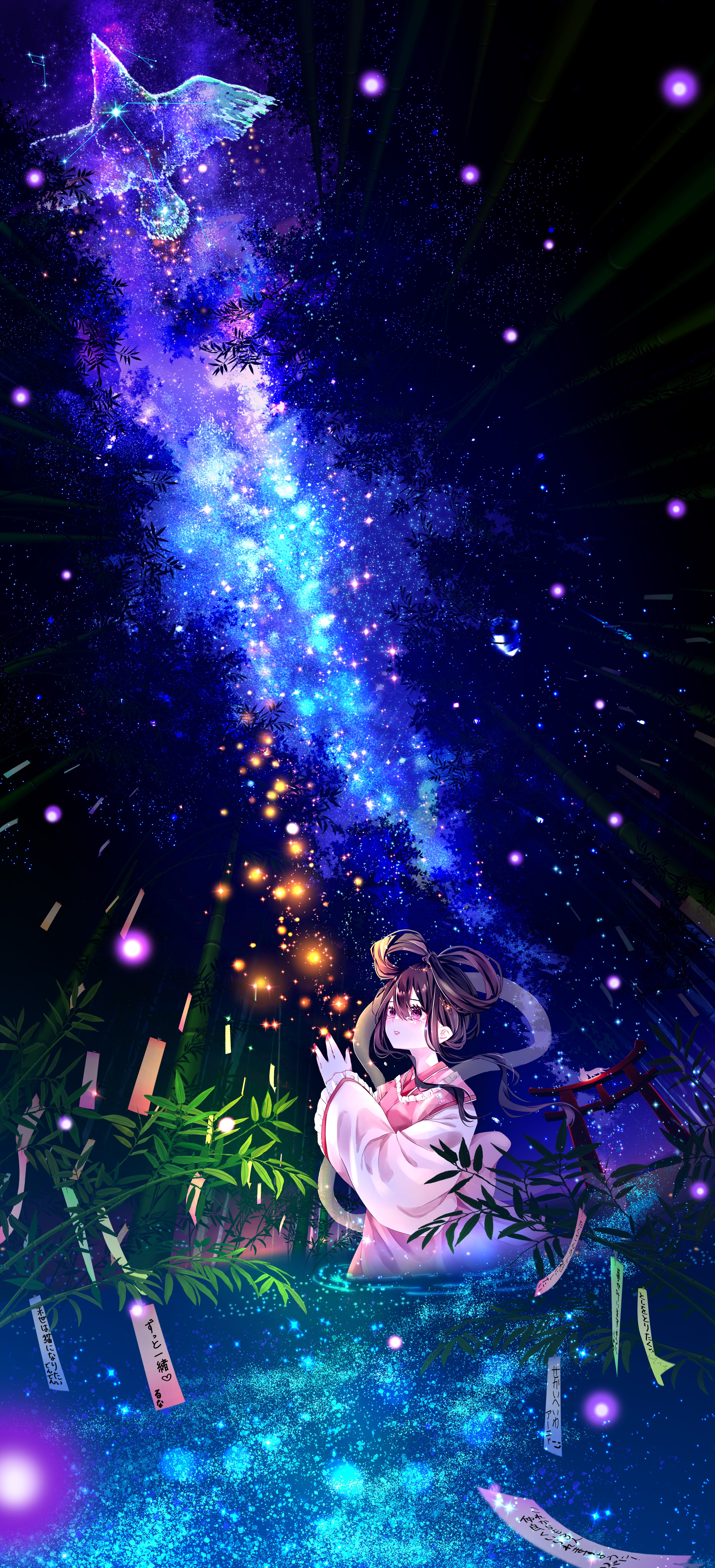 Girl in Asian clothing under a starry night sky HD Phone Wallpaper
