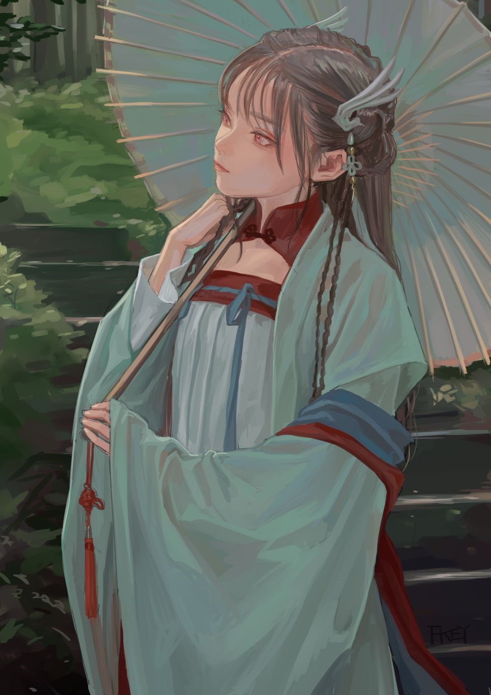 FKEY with umbrella on stairs HD Phone Wallpaper