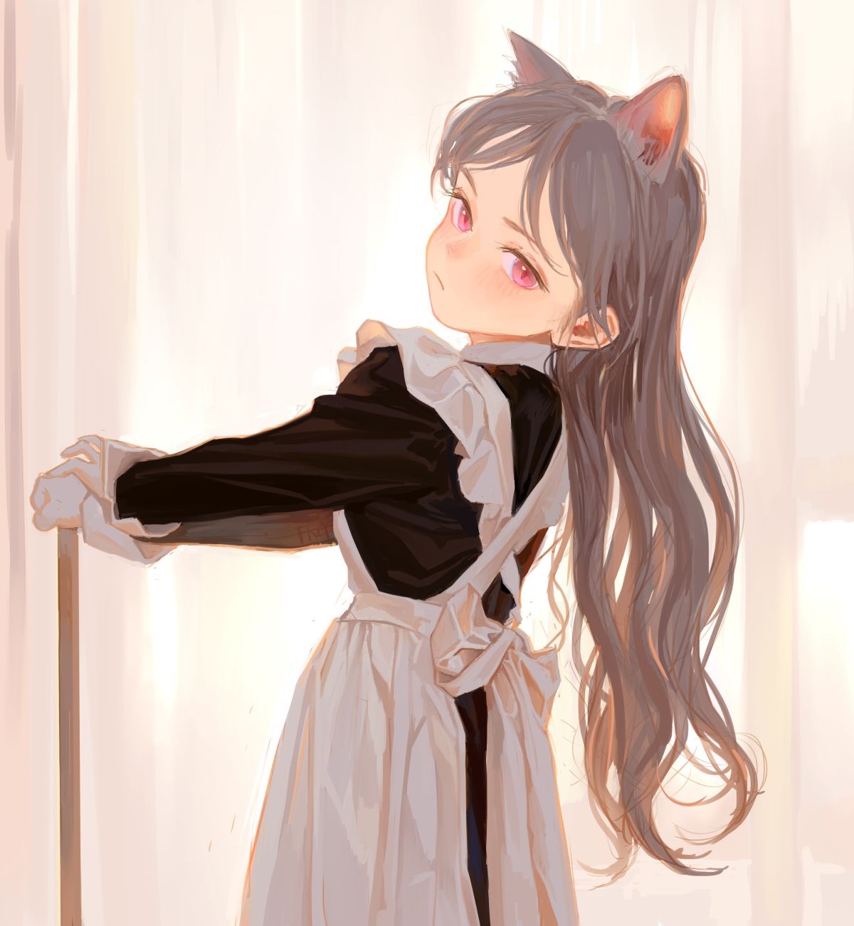 Cat girl in maid outfit holding a broom HD Wallpaper
