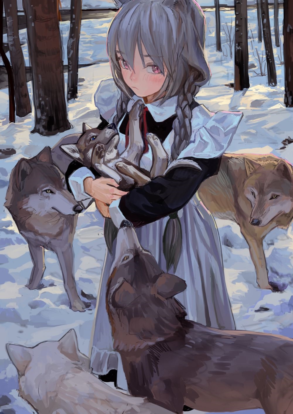 Girl in maid outfit holding wolf pup with wolves in snow HD Phone Wallpaper