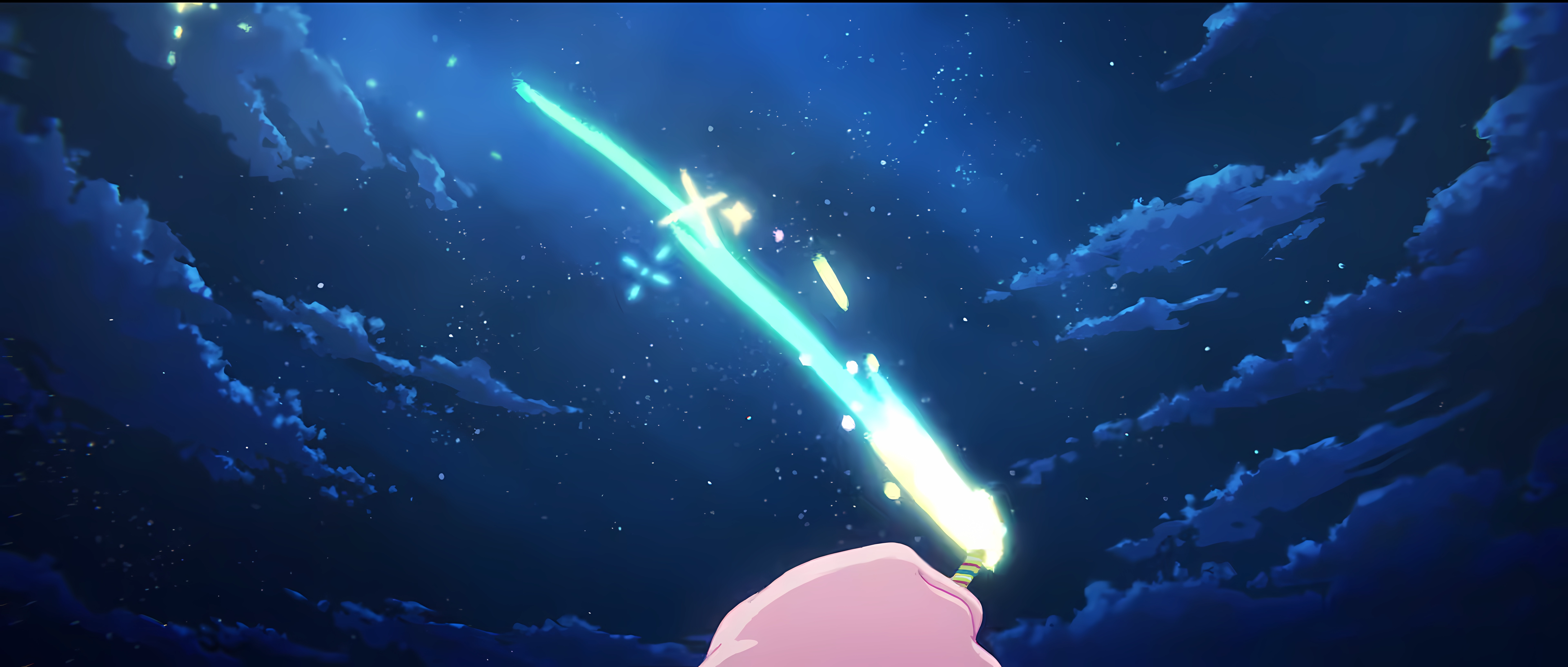 4K Anime screenshot of a glowing sword in the night sky HD Wallpaper