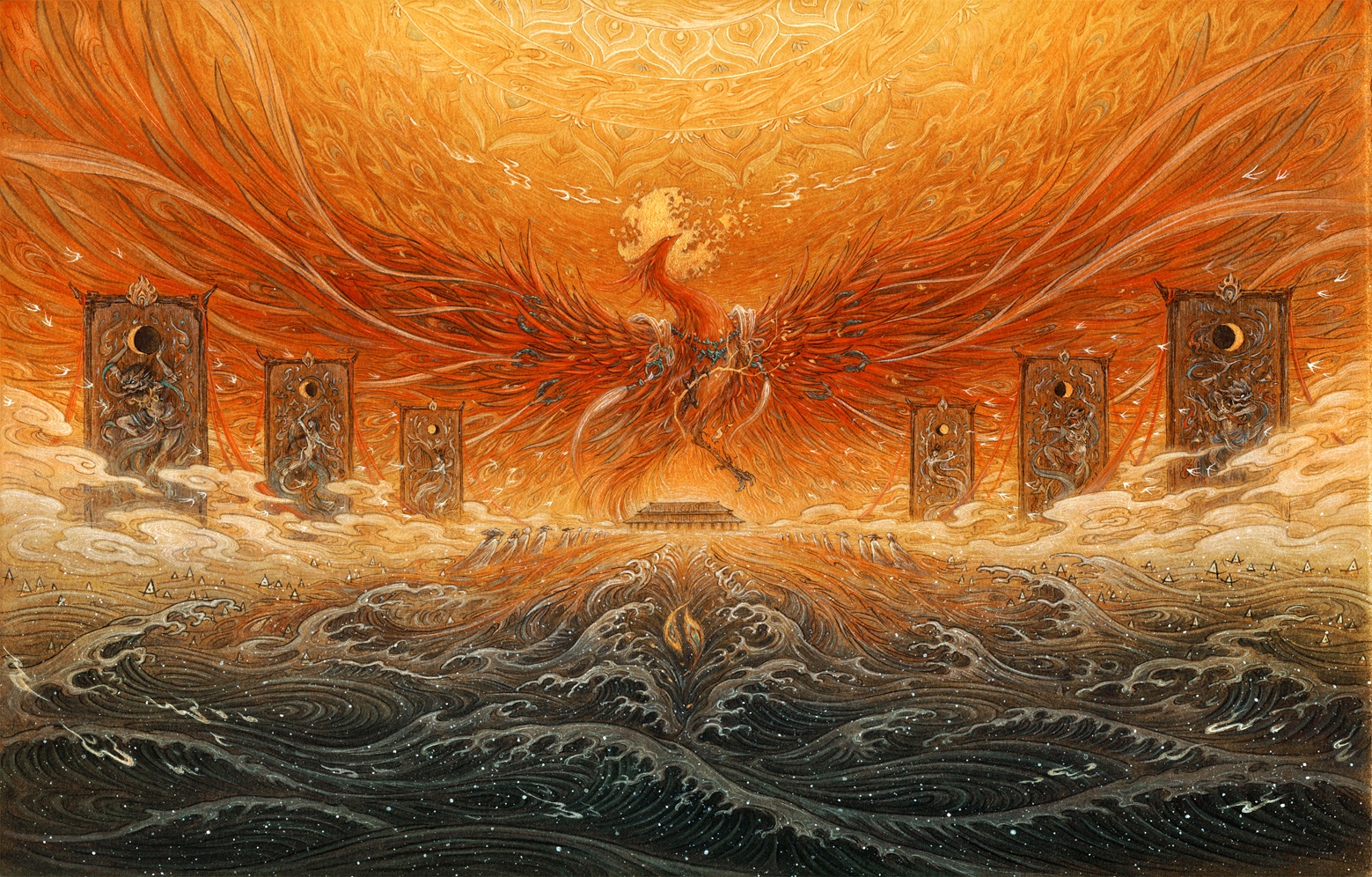 Phoenix rising from waves with banners HD Wallpaper