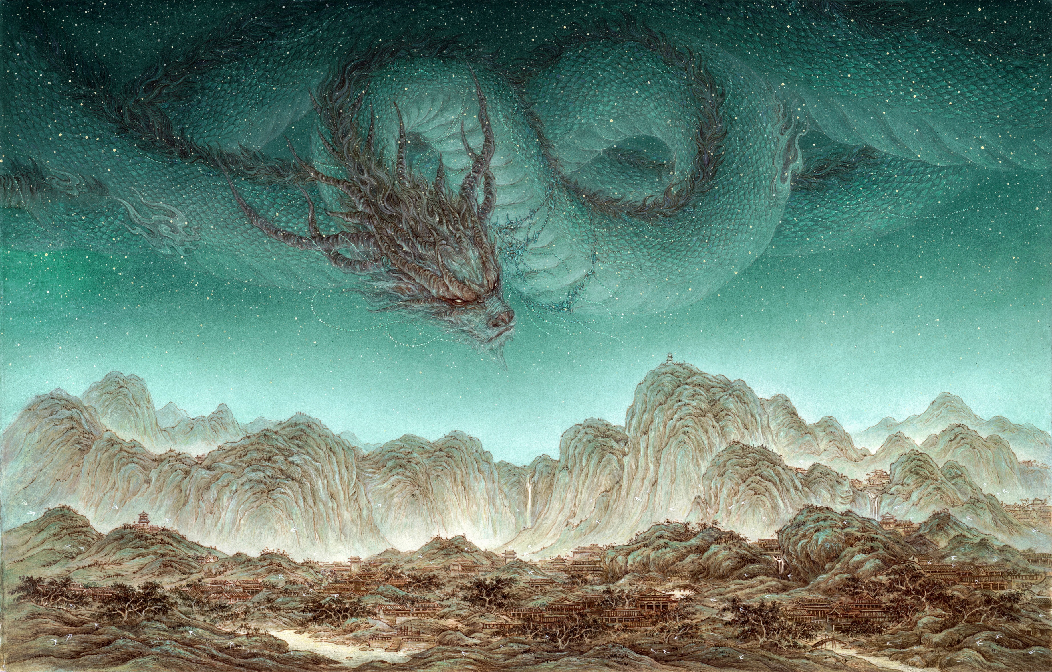 Dragon over mountains and villages HD Wallpaper
