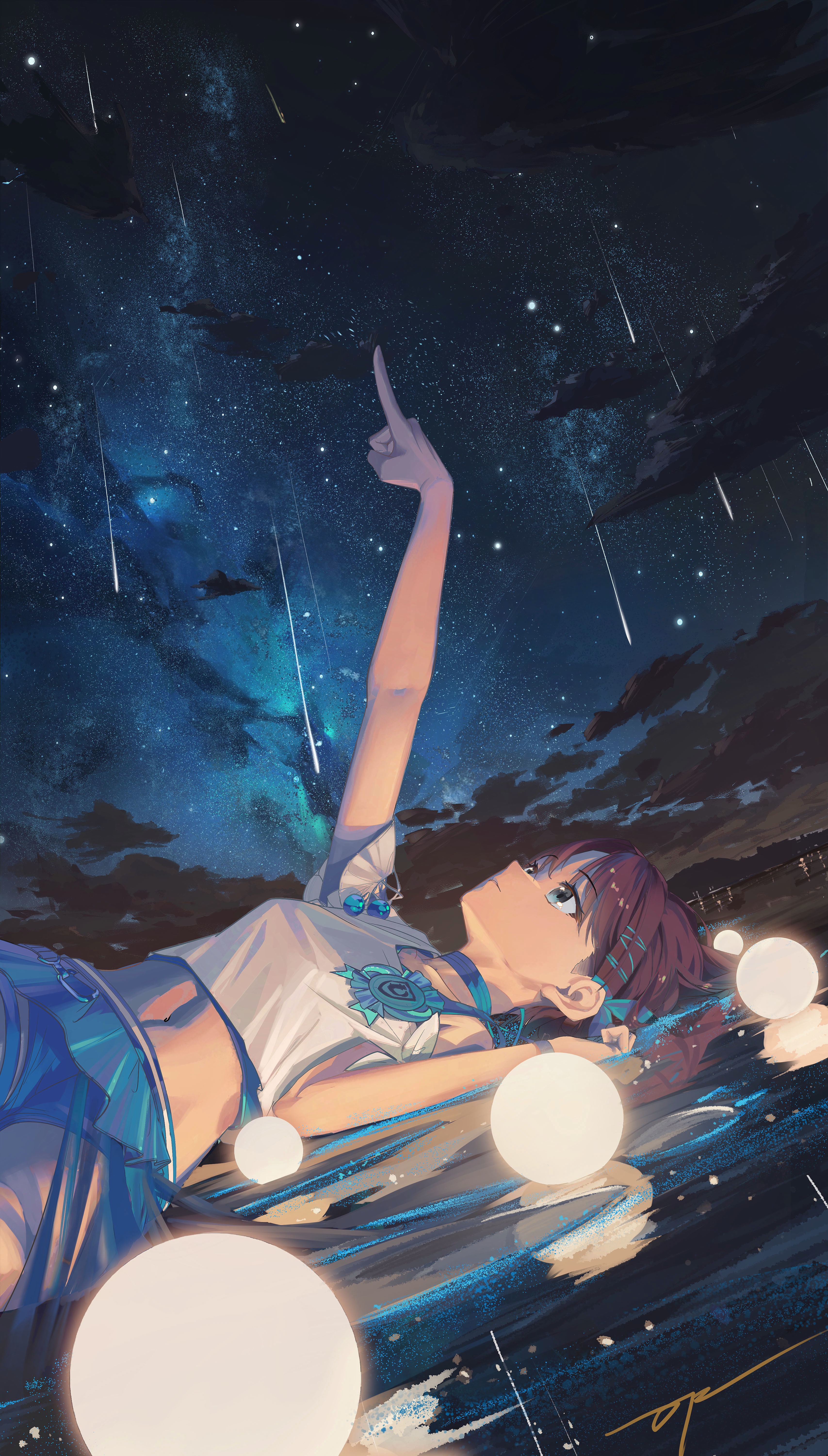 Girl pointing at meteor shower with glowing spheres HD Phone Wallpaper