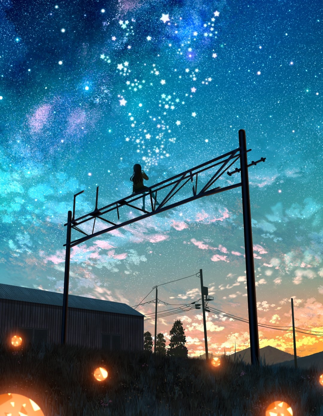 Girl on Power Lines Under Starry Sky HD Phone Wallpaper