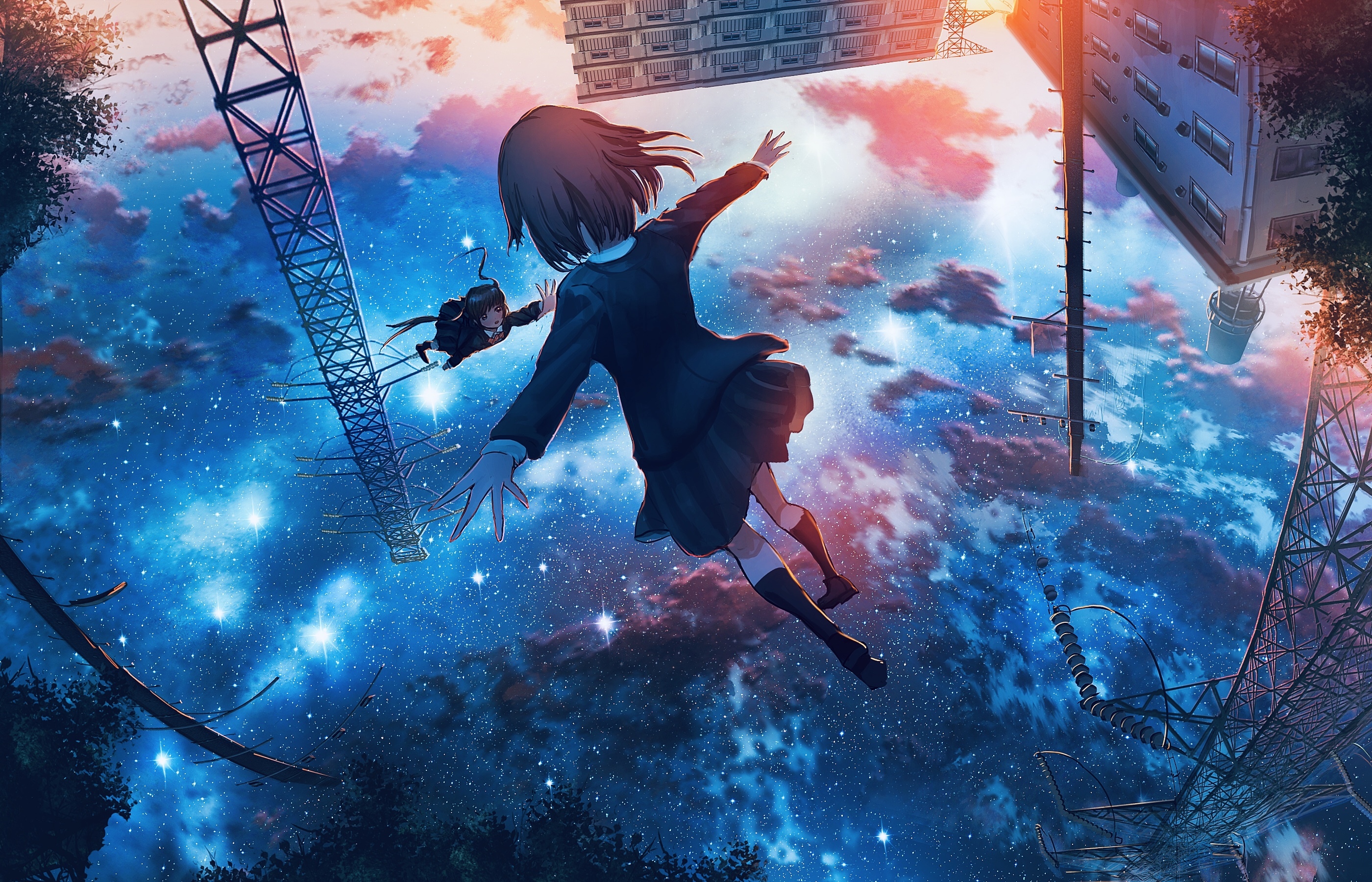 Two schoolgirls floating in a starry sky with buildings HD Wallpaper