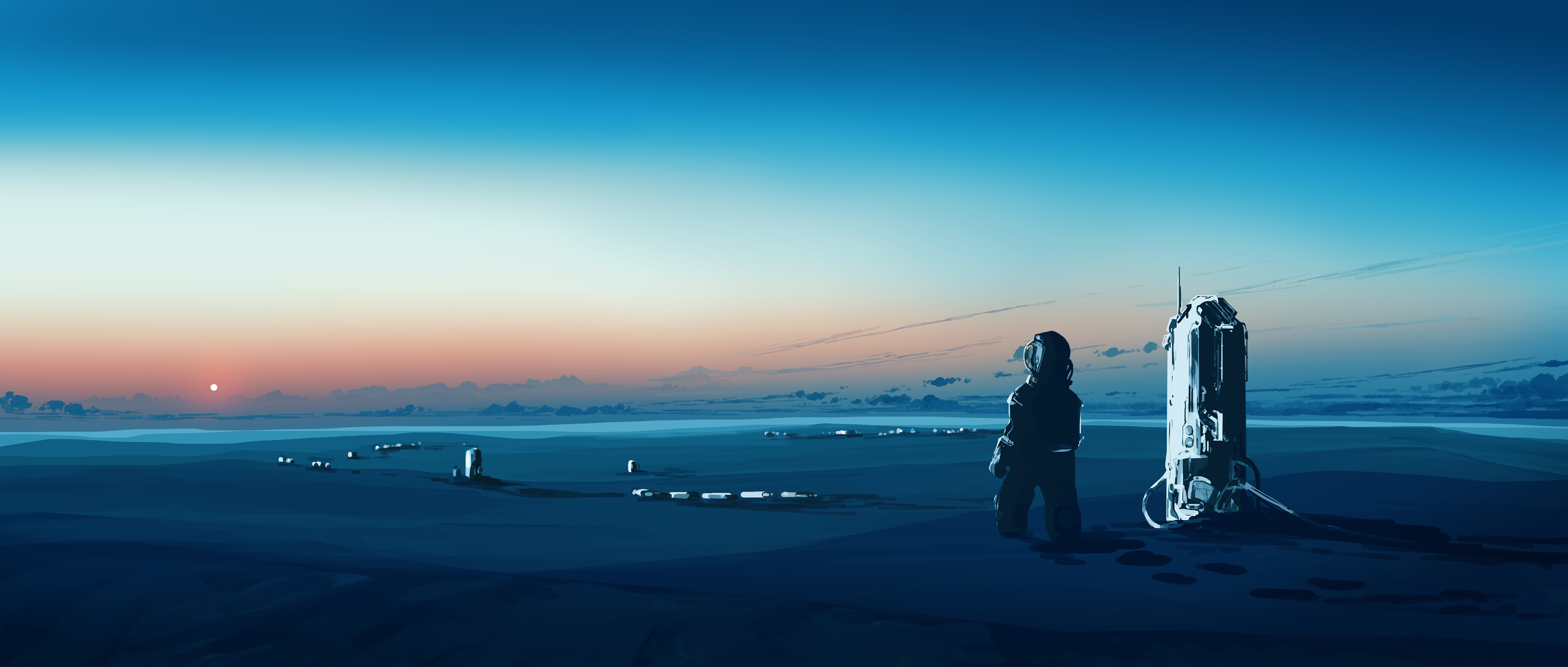 Astronaut standing near a spaceship at sunset HD Wallpaper