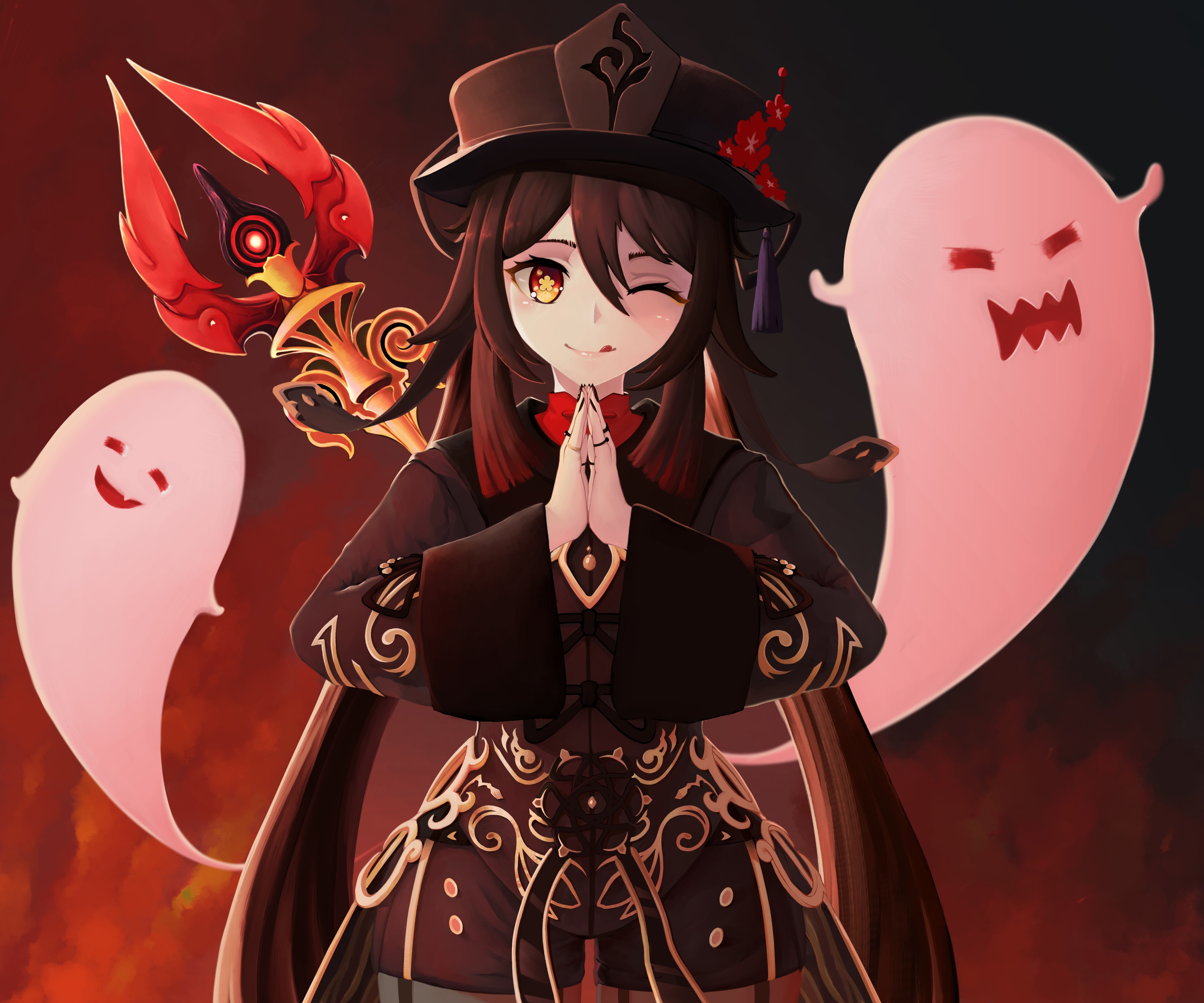 Hu Tao with Ghosts and Staff HD Wallpaper