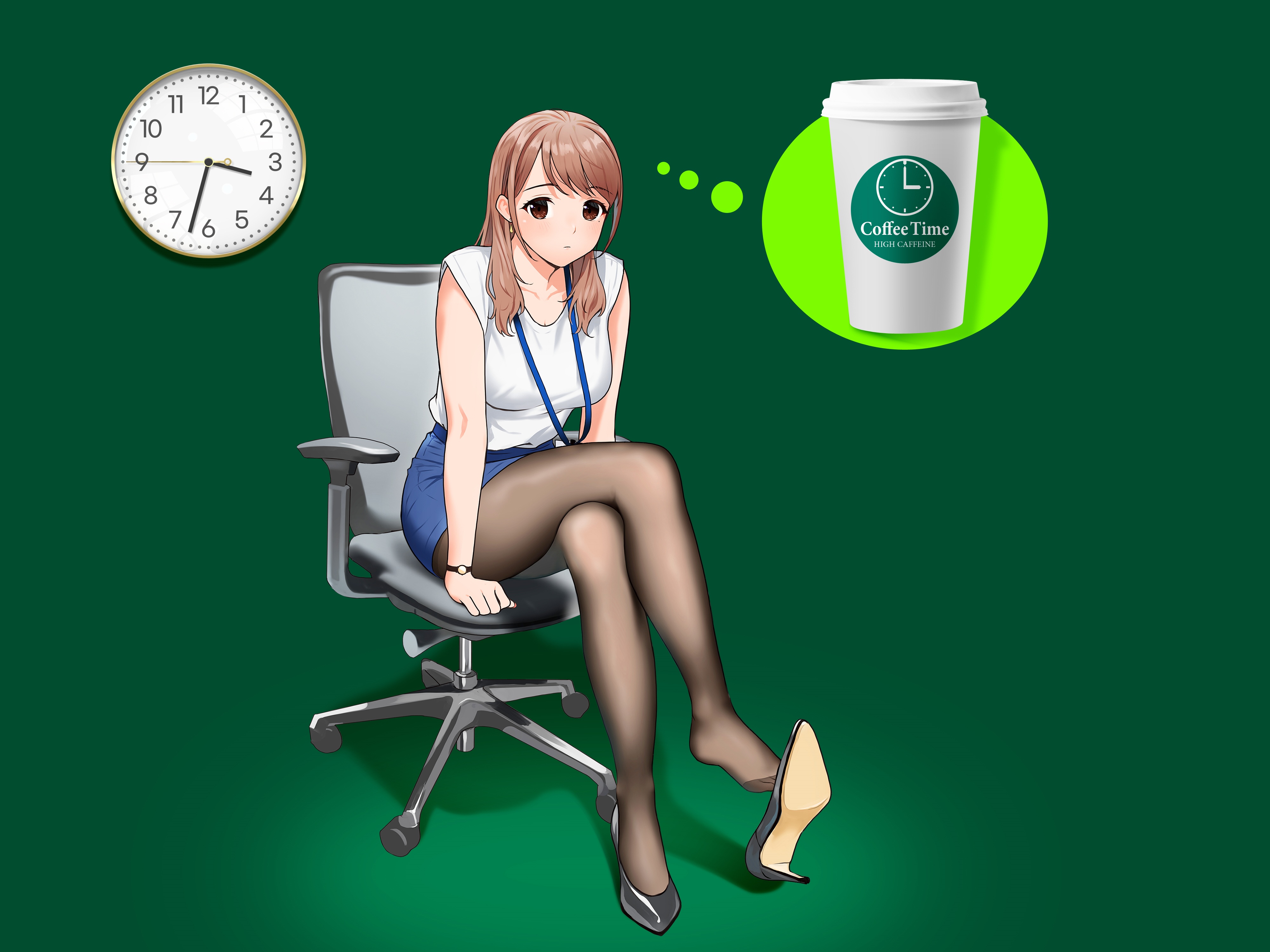 Office girl sitting on a chair thinking about coffee HD Wallpaper