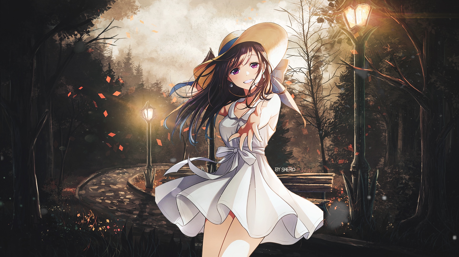 Anime girl in white dress and hat reaching out HD Wallpaper