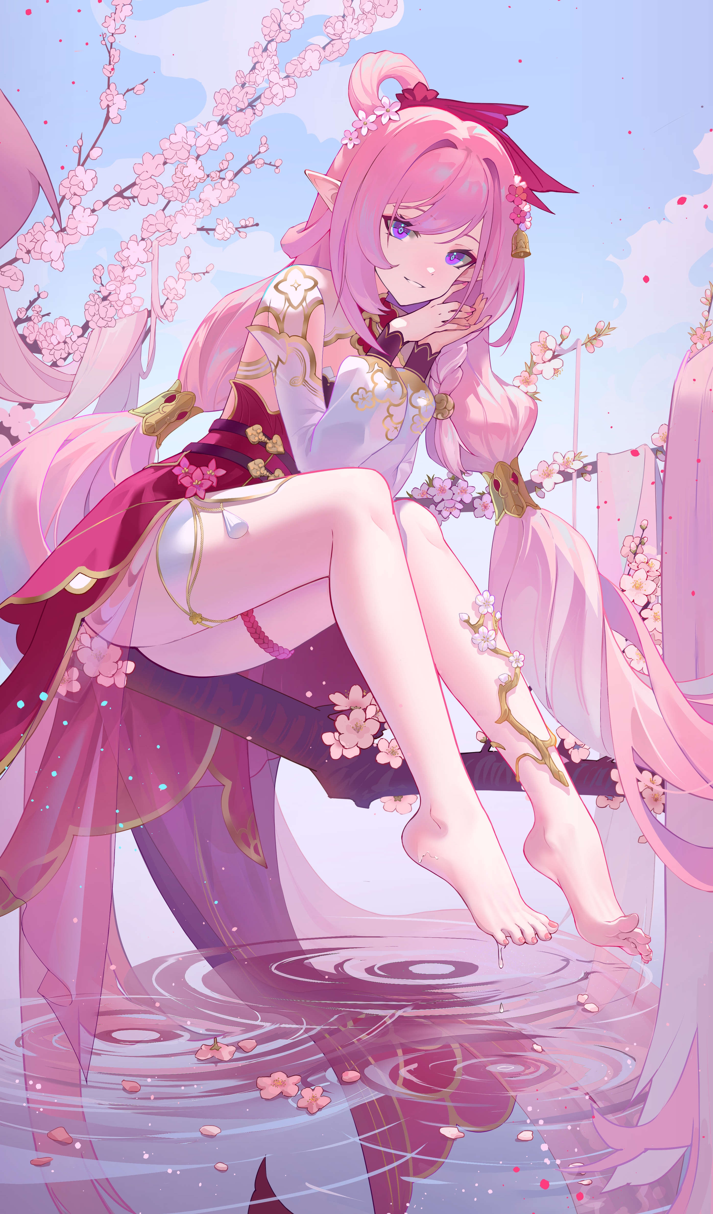 Elysia from Honkai Impact 3rd with pink hair and flowers HD Phone Wallpaper