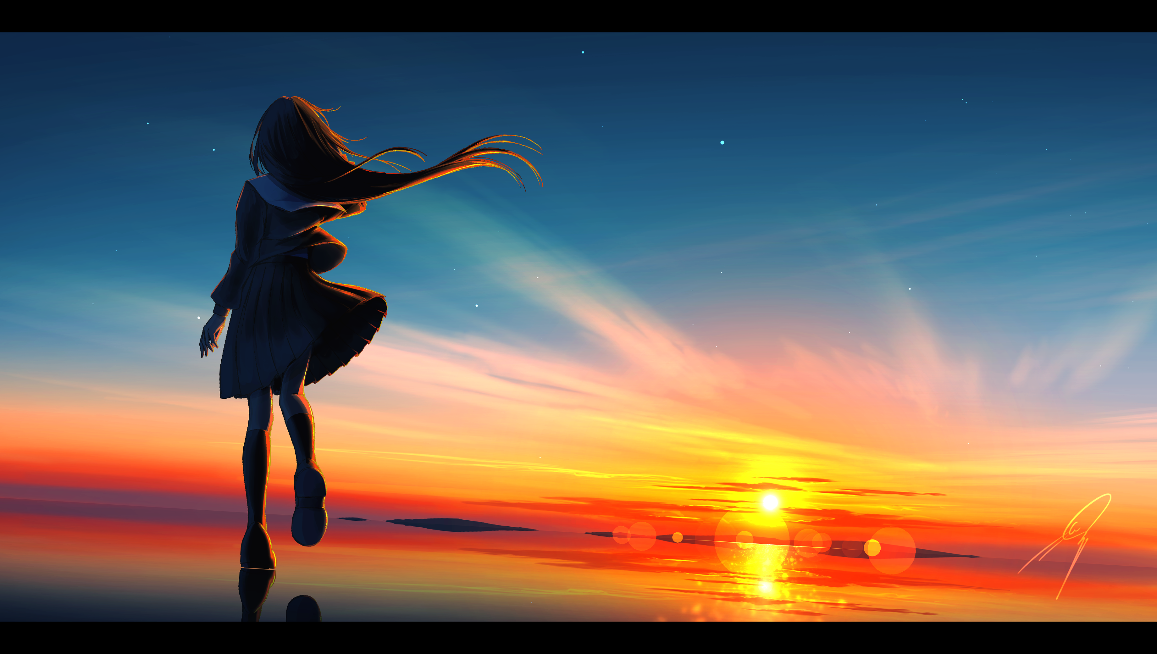 Girl in school uniform walking on water at sunset HD Wallpaper