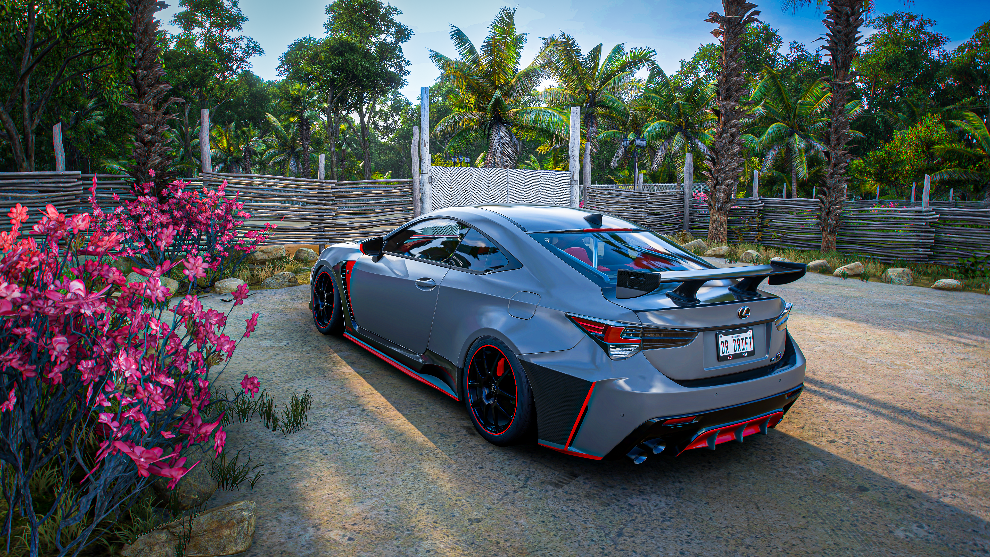 Lexus RC F with pink flowers and palm trees HD Wallpaper