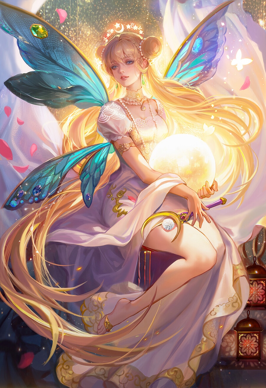 Fantasy girl with blonde twintails and butterfly wings HD Phone Wallpaper