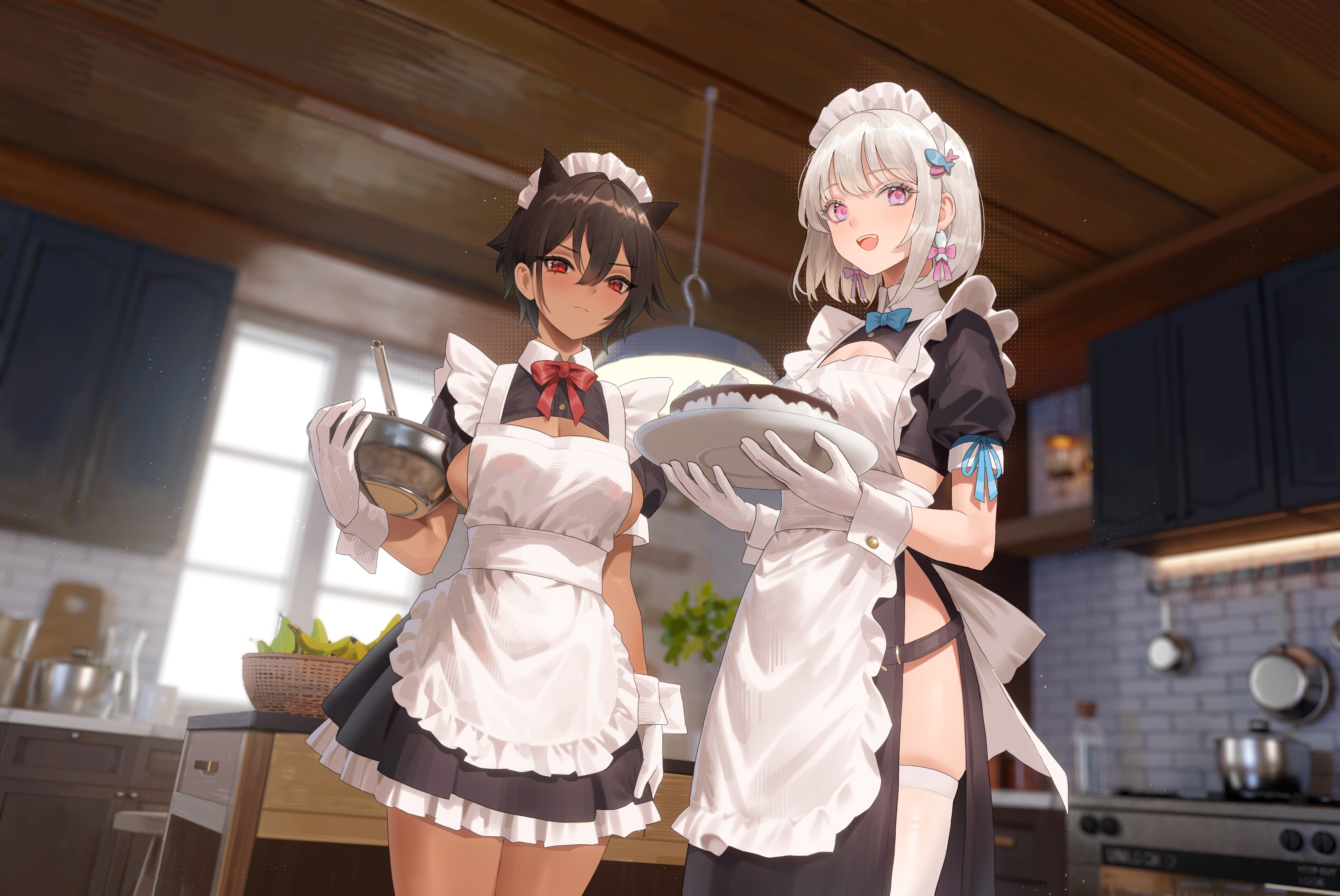 Two maids in a kitchen with a cake HD Wallpaper