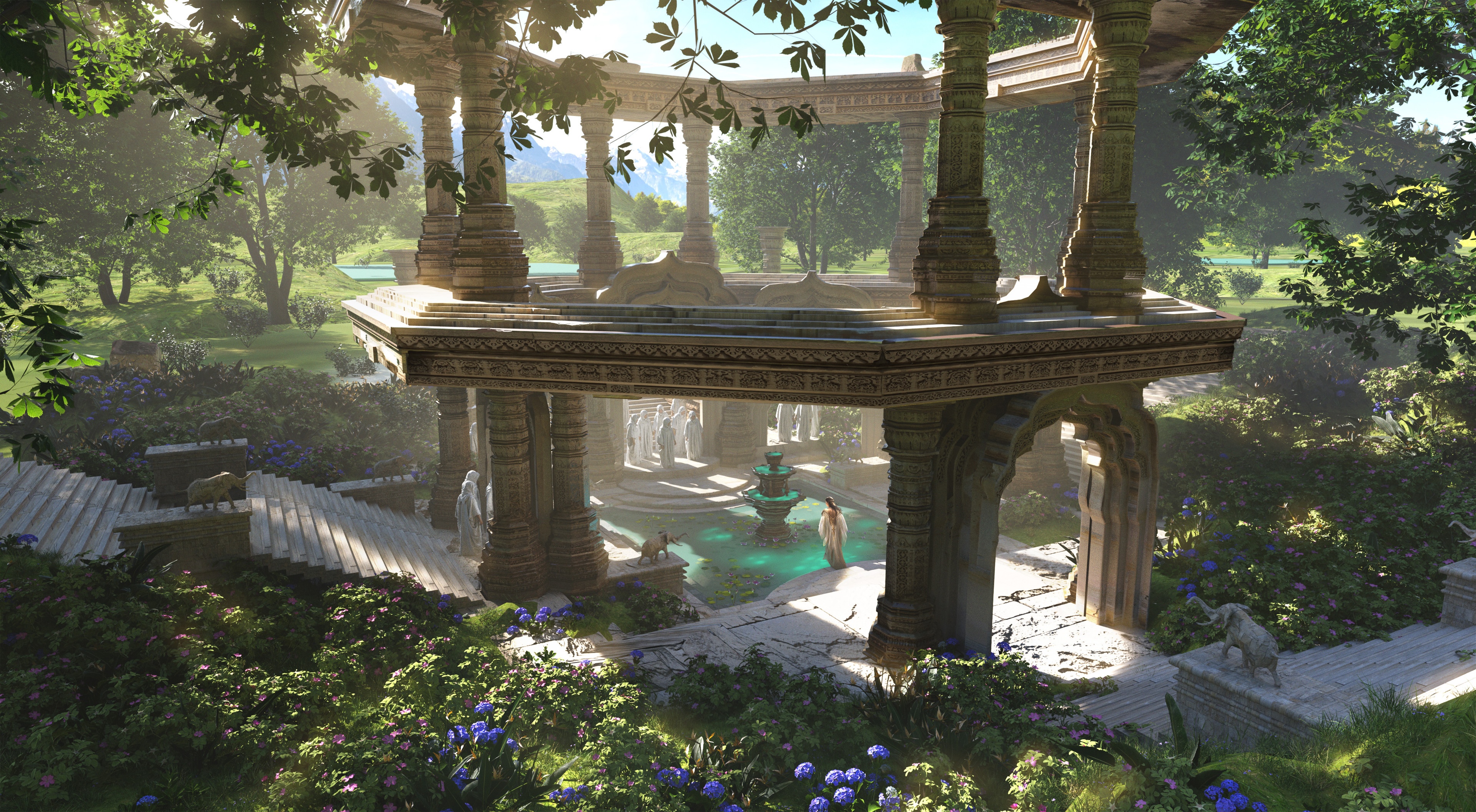 Ancient temple ruins with a fountain and people HD Wallpaper