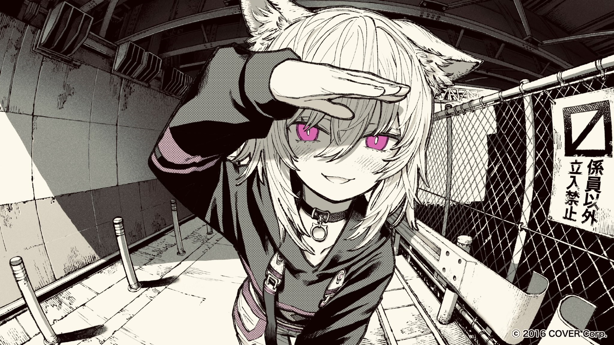 Nekomata Okayu with cat ears in a fisheye lens view HD Wallpaper