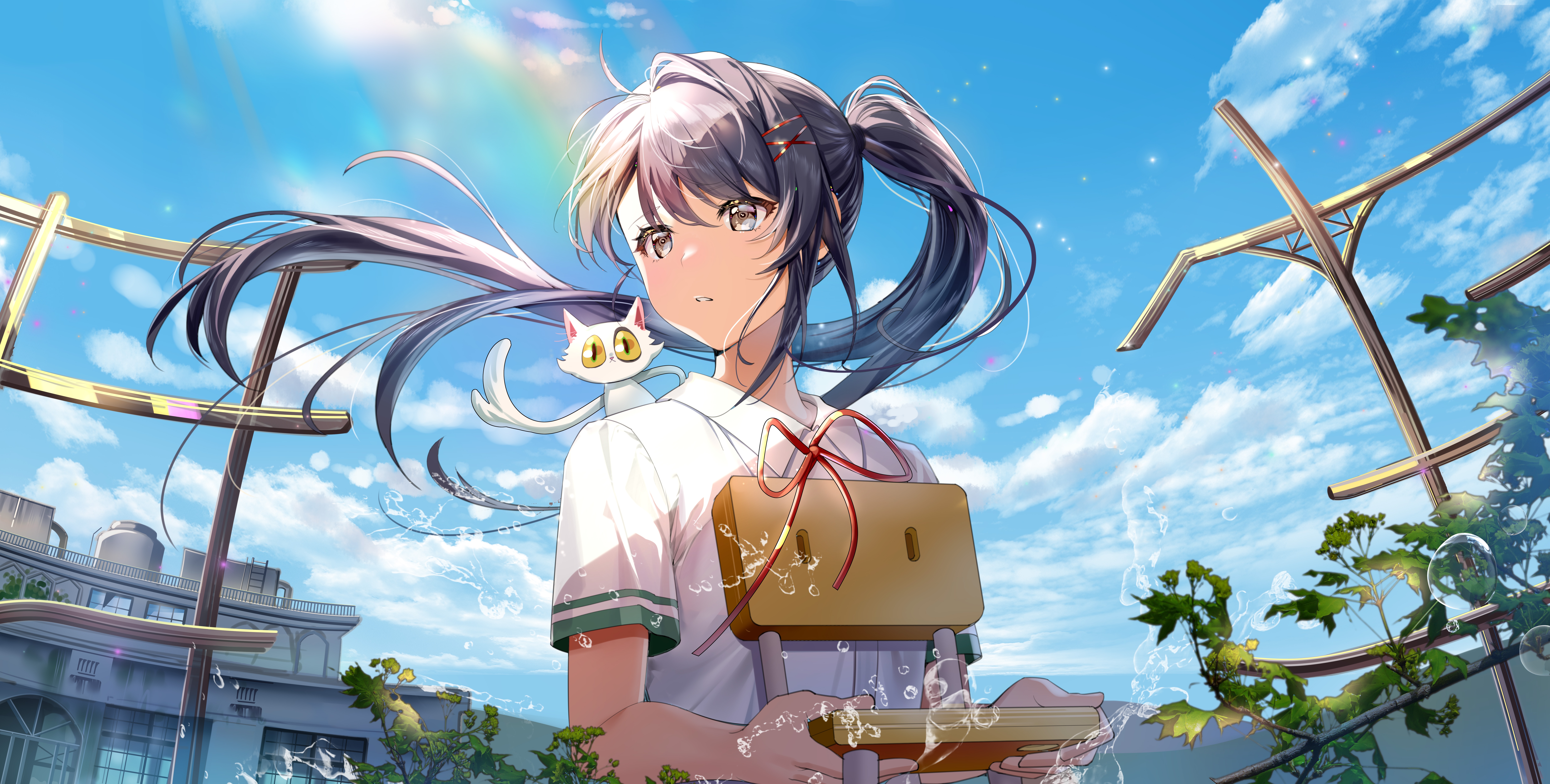 Suzume Iwato with a cat and a rainbow HD Wallpaper