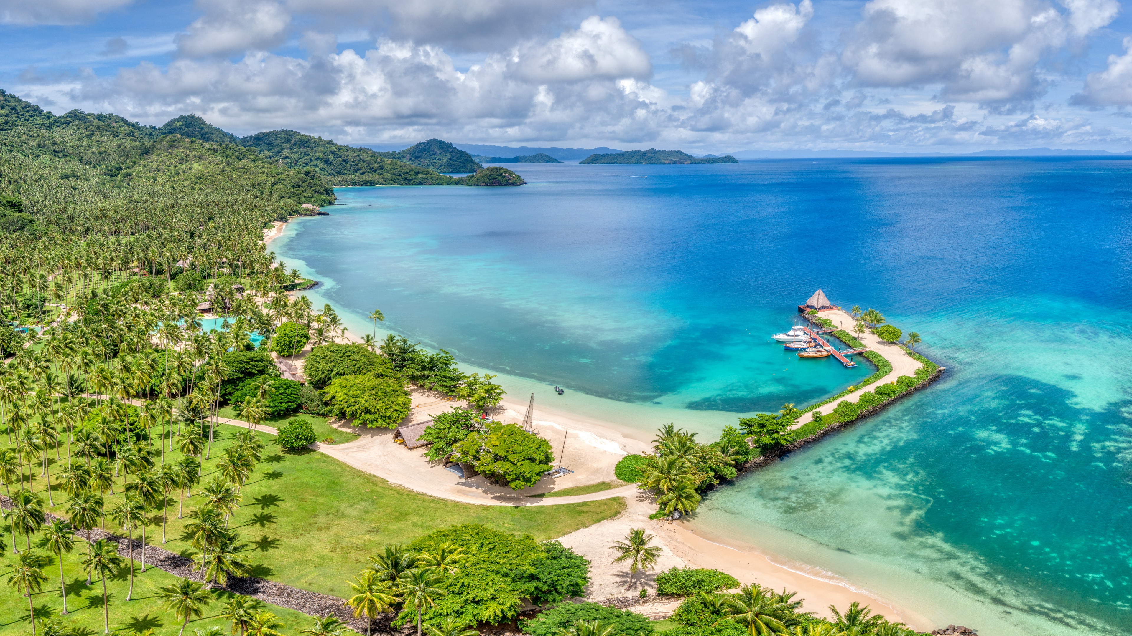 4K Fiji Island Resort with Palm Trees and Ocean HD Wallpaper