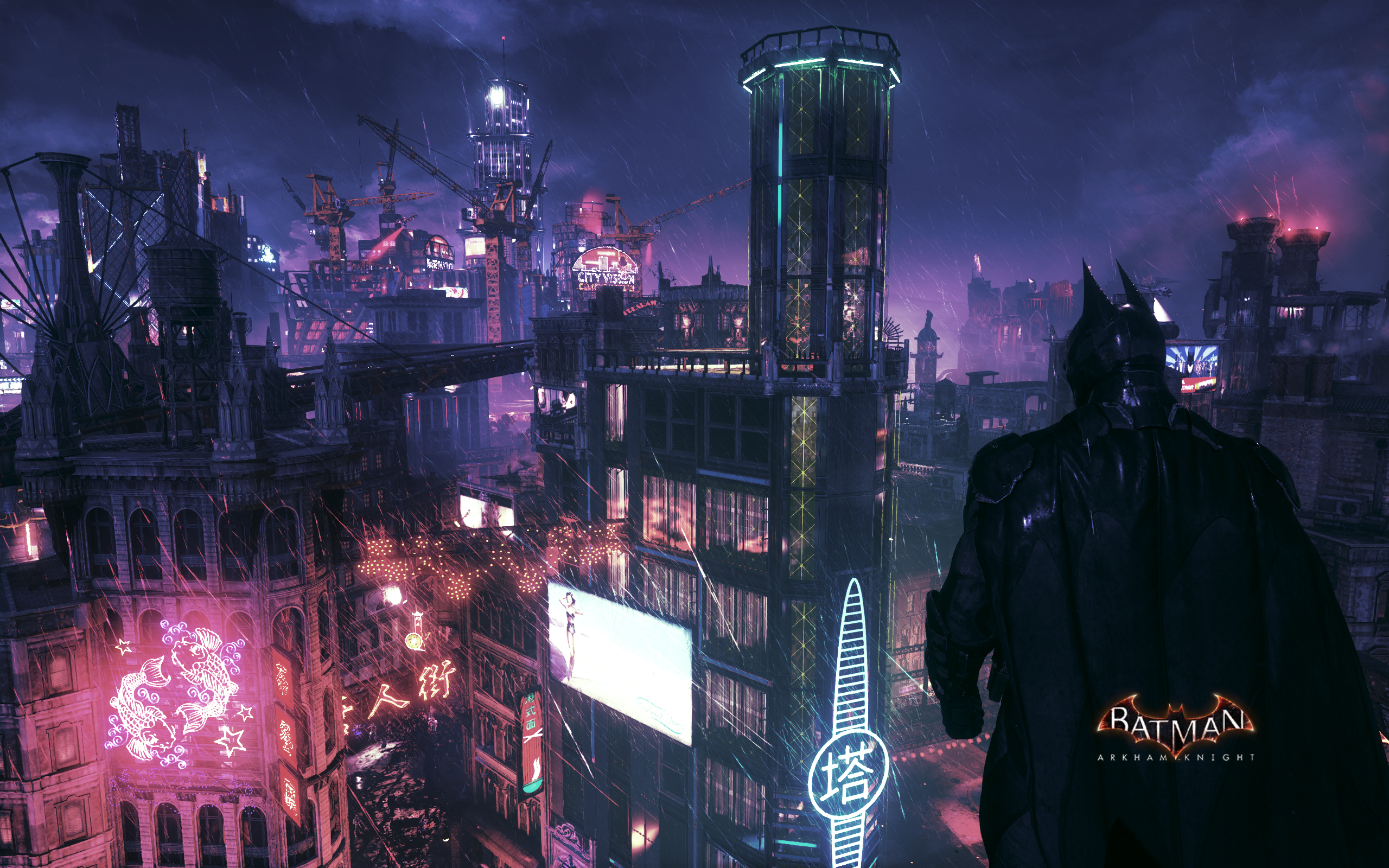 Batman: Arkham Knight in a Rainy City at Night HD Wallpaper