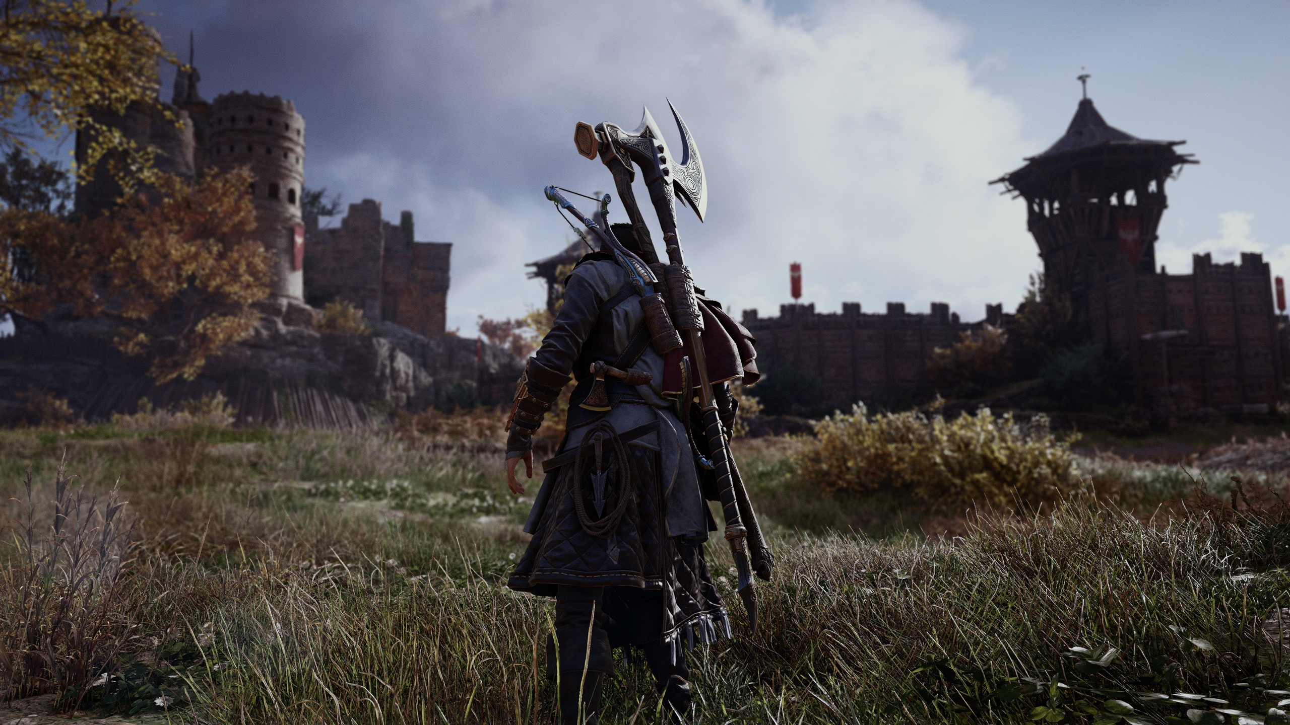 Eivor with Axe and Bow in front of a Castle HD Wallpaper