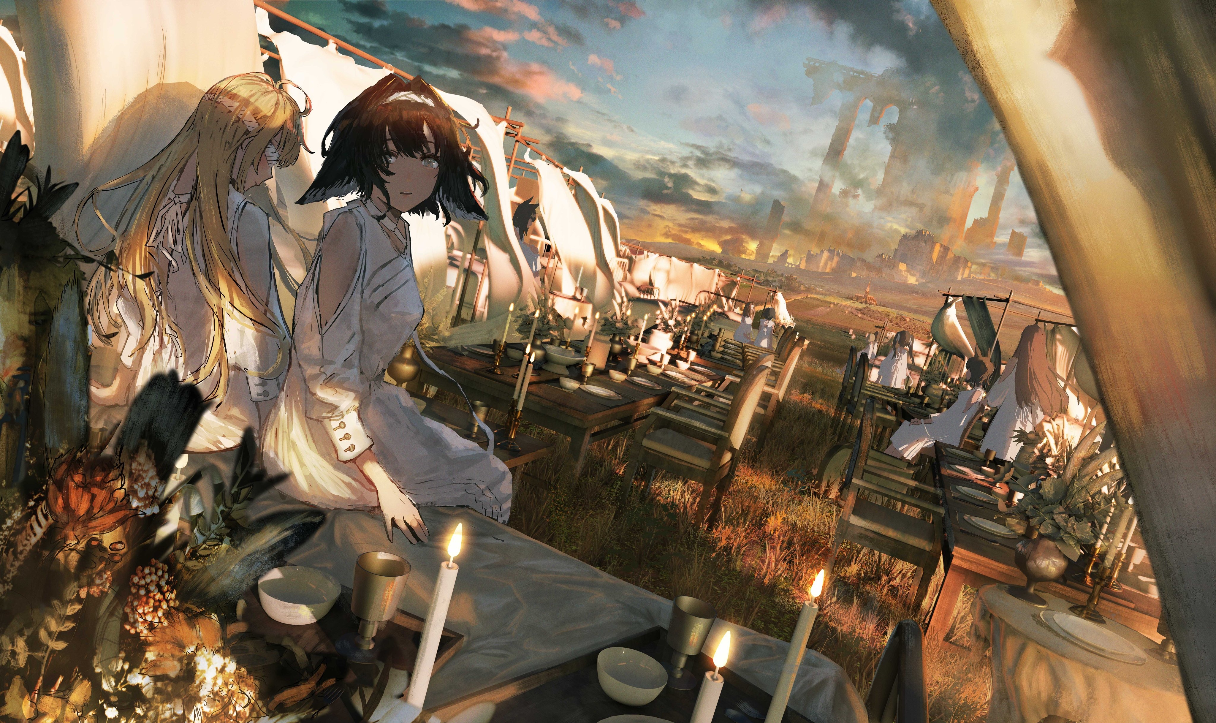 4K festival with people sitting at tables HD Wallpaper