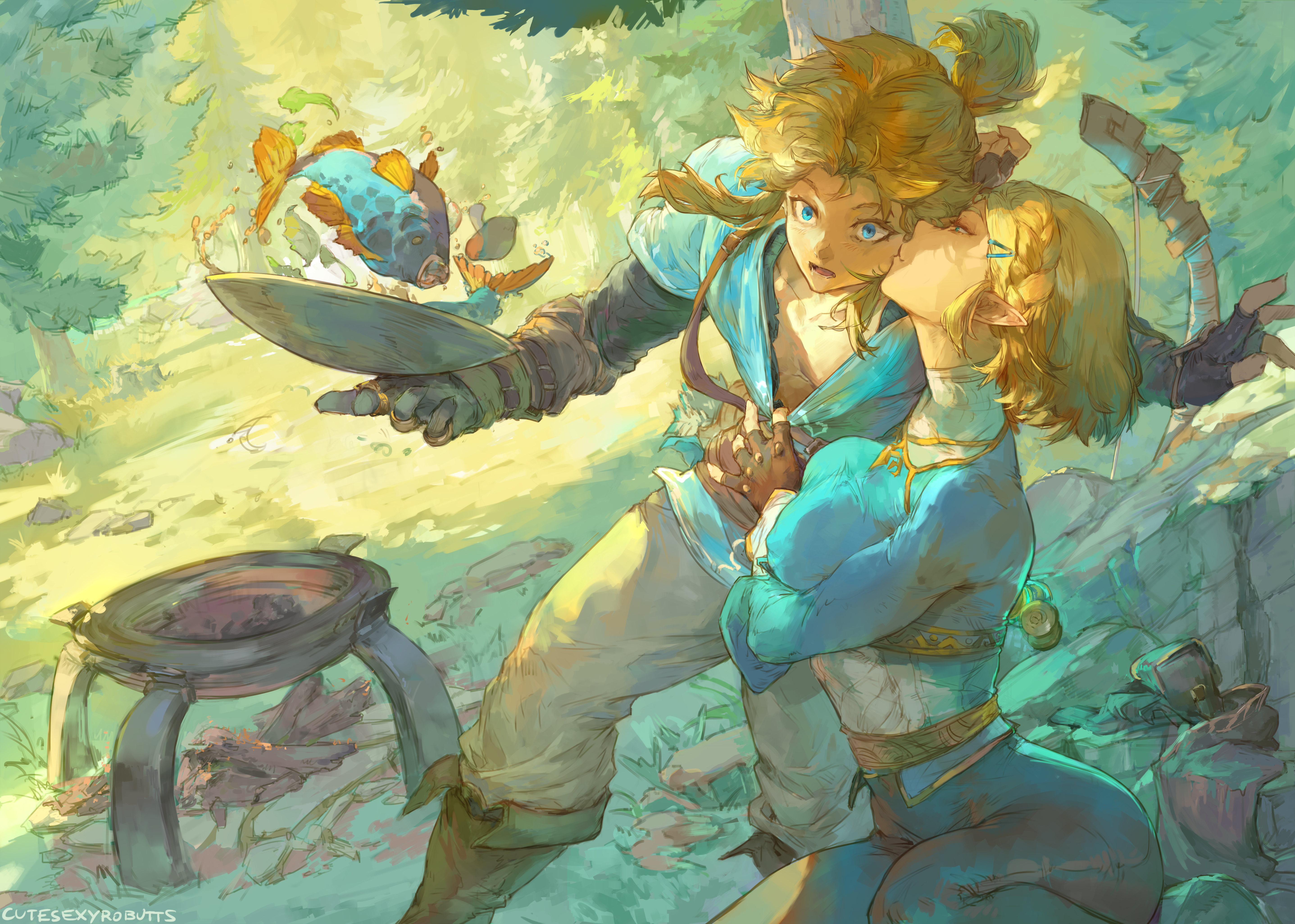 Link and Zelda cooking fish in a forest HD Wallpaper