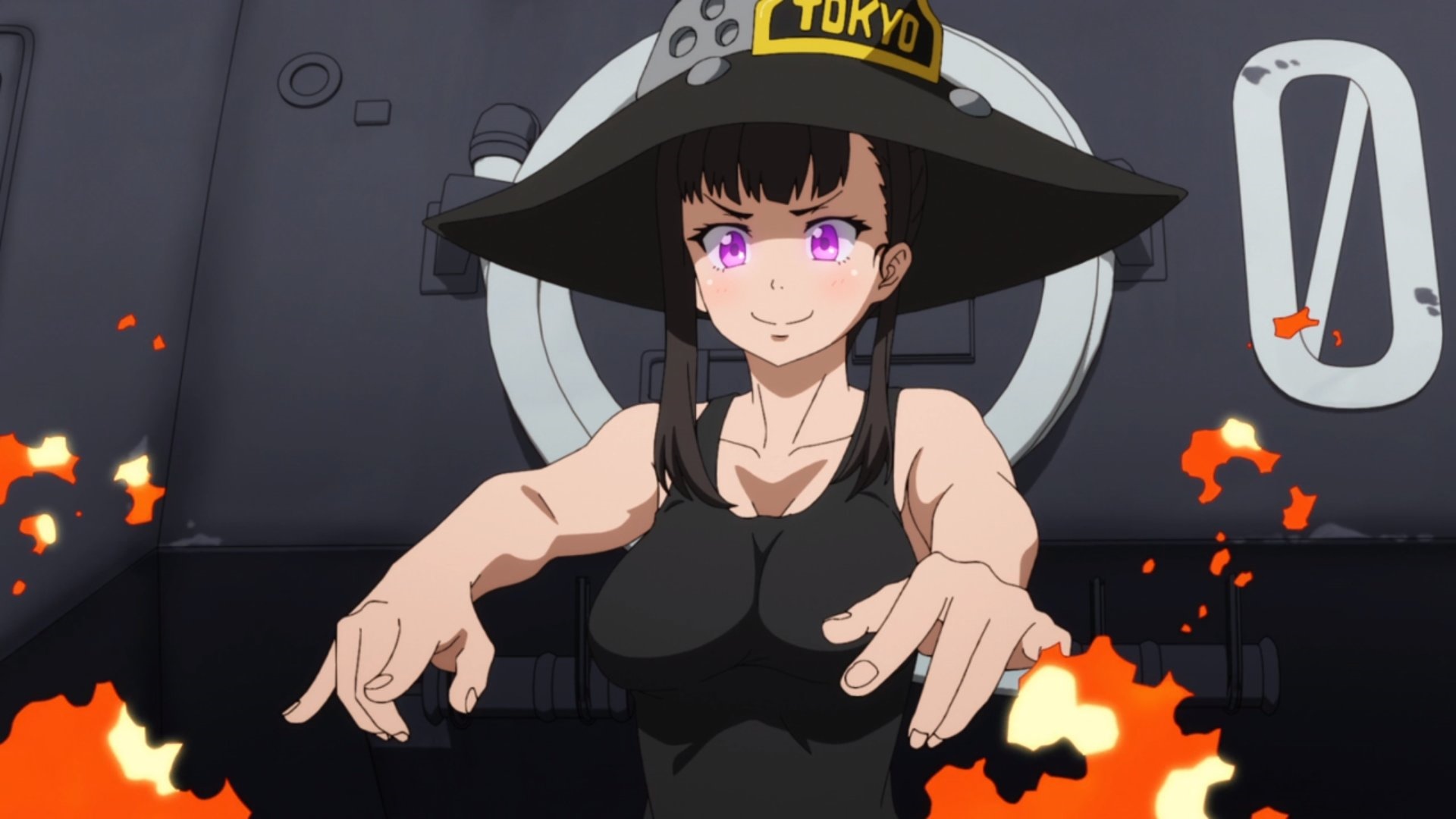 Maki Oze from Fire Force with Tokyo hat and flames HD Wallpaper