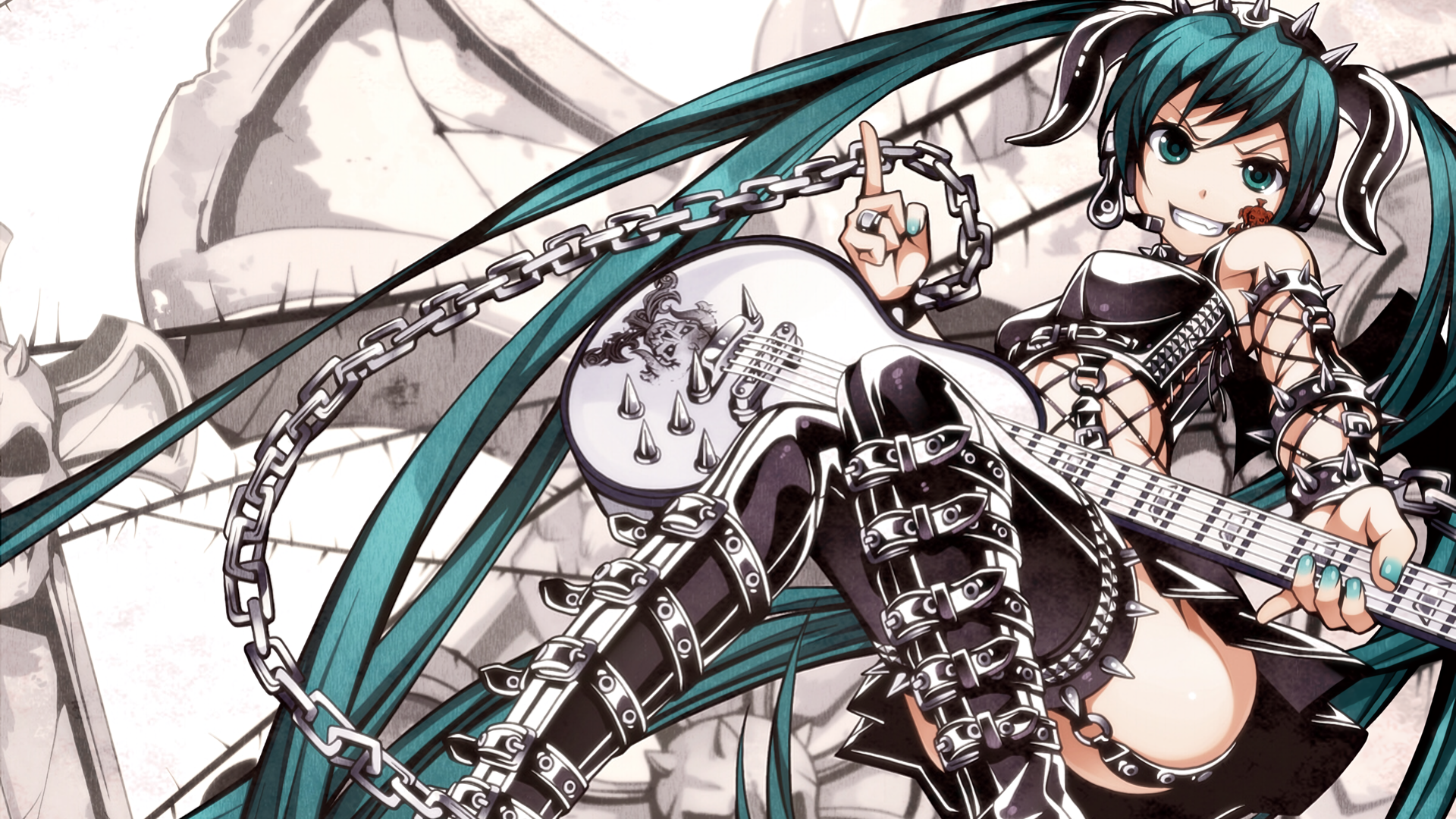 Hatsune Miku with guitar and chains HD Wallpaper