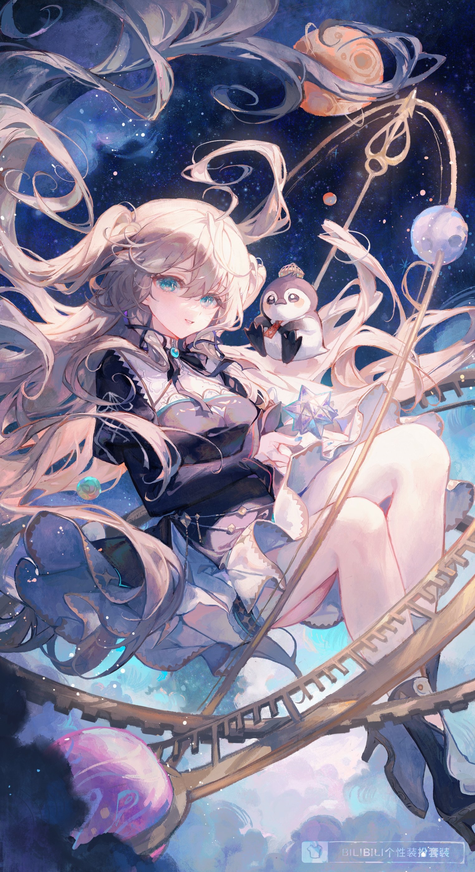 Girl with blonde hair and penguin in a galaxy HD Phone Wallpaper