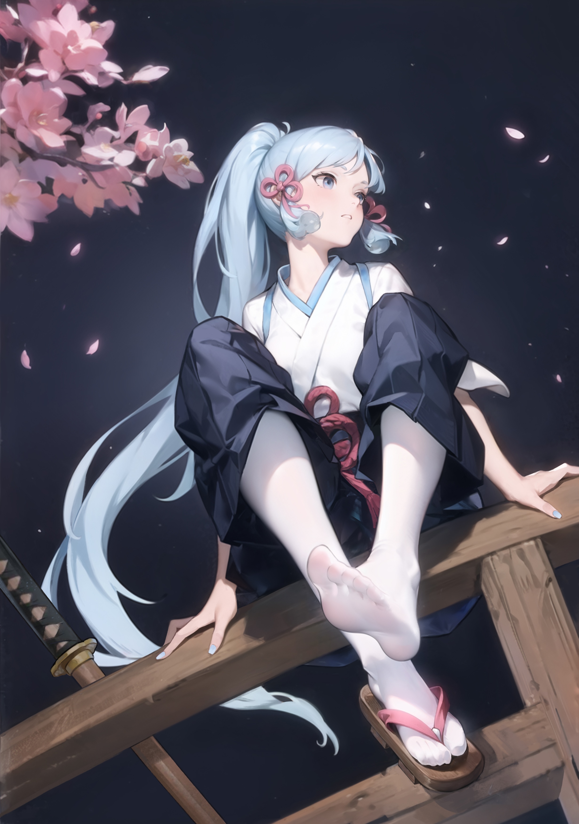 Kamisato Ayaka sitting under cherry blossoms with katana HD Phone Wallpaper