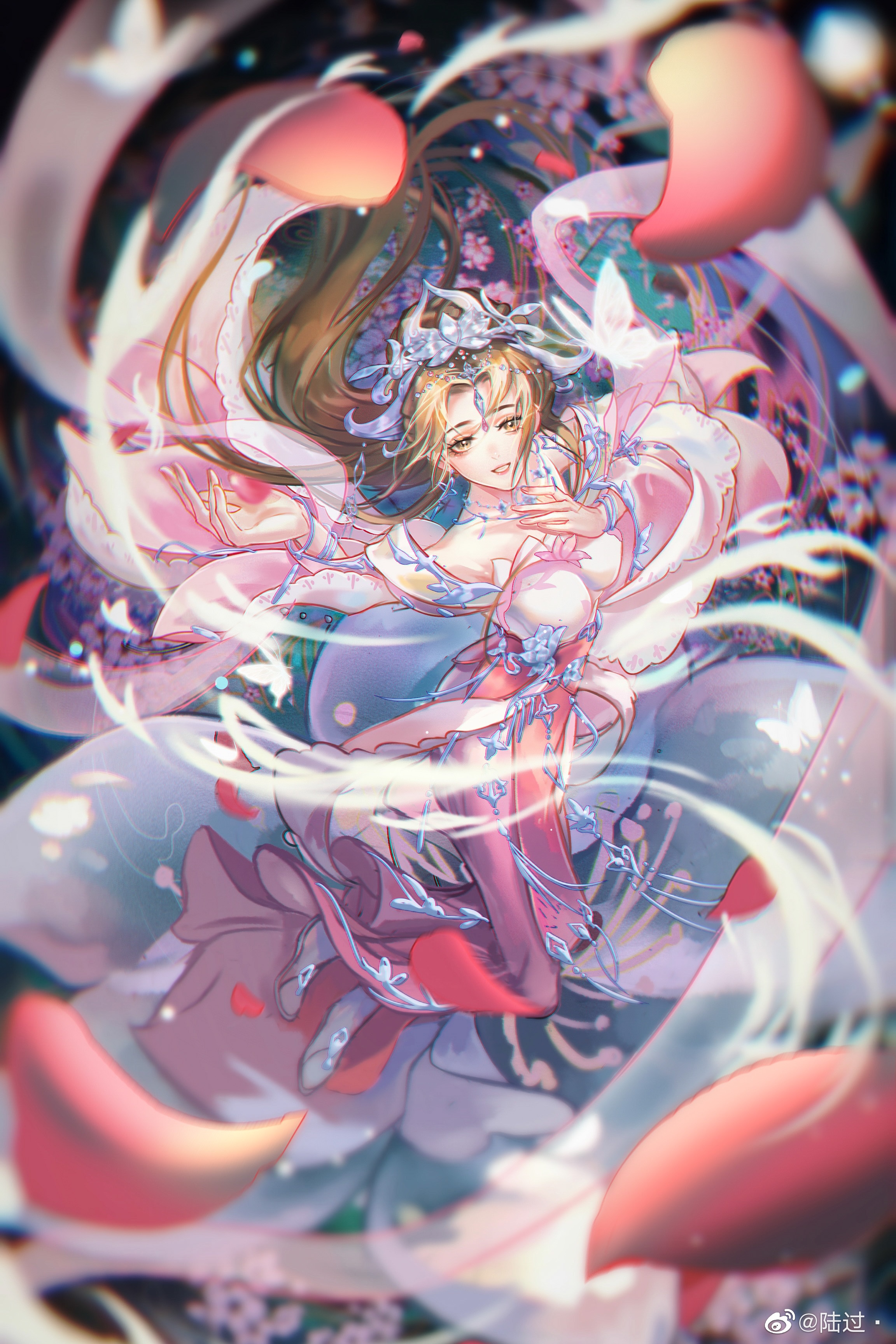 Chi Lian in a pink dress with petals and butterflies HD Phone Wallpaper