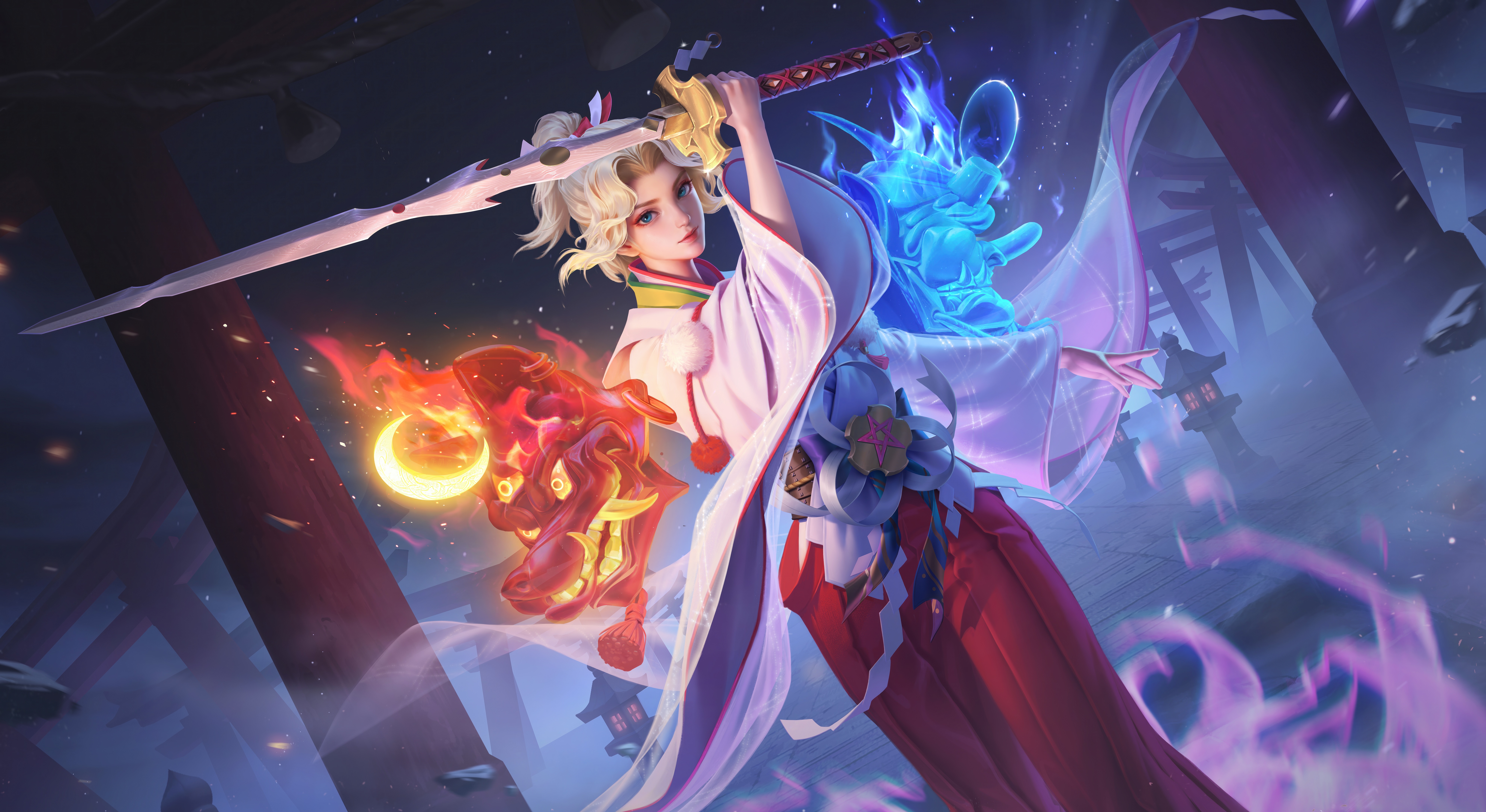 4K Honor of Kings: Kimono Woman with Katana and Spirits HD Wallpaper