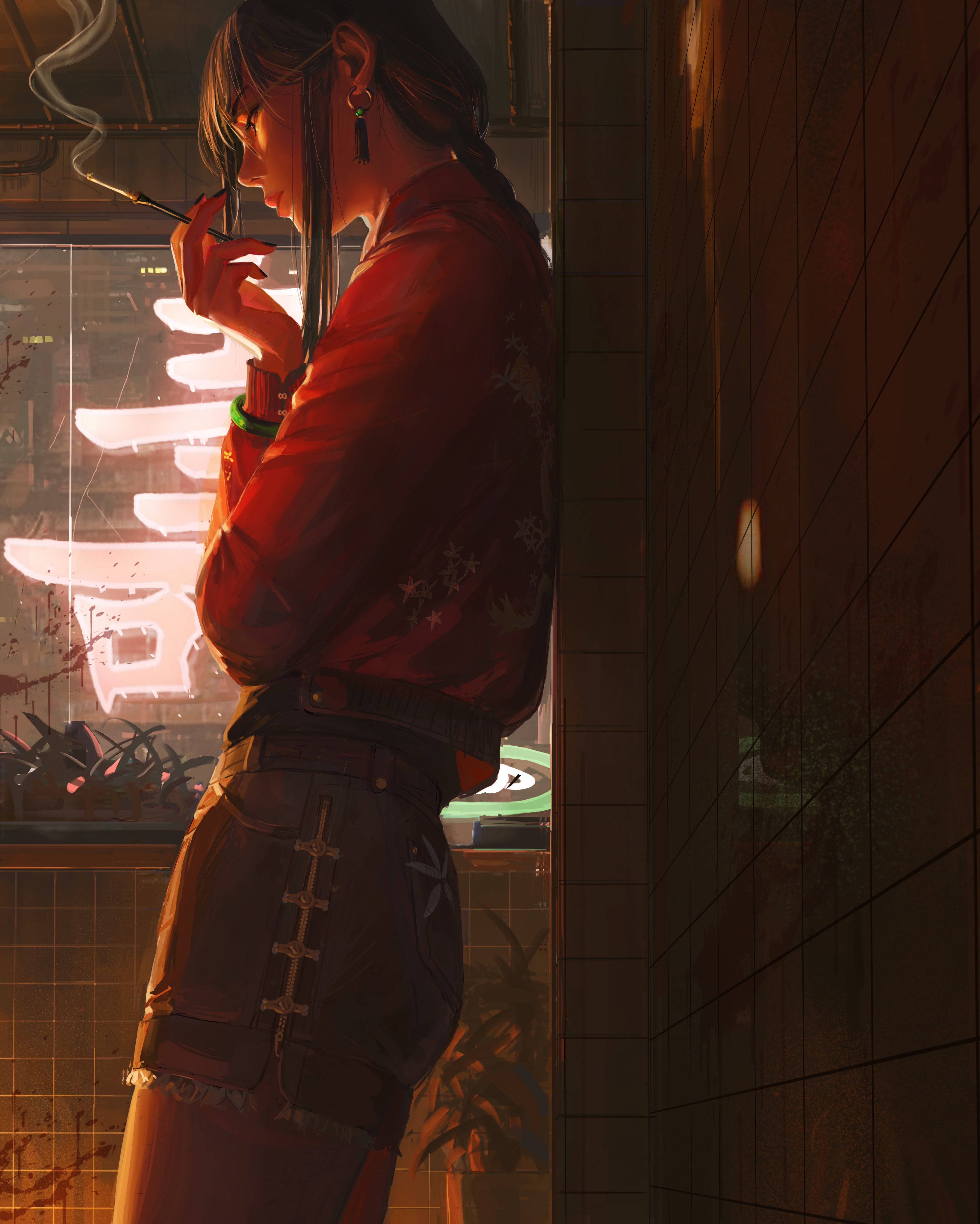 Woman smoking in a neon-lit city HD Phone Wallpaper