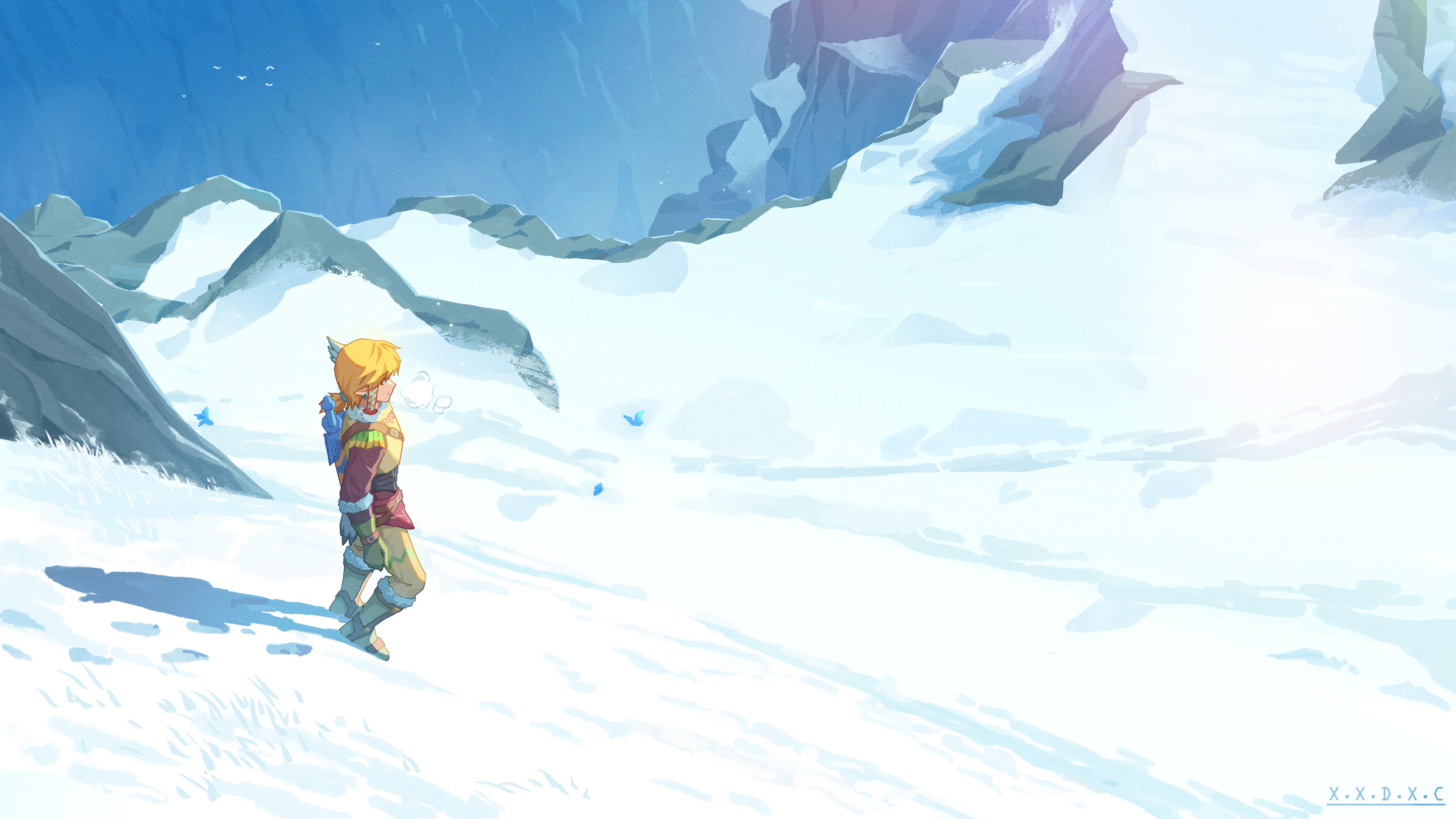 Link in a snowy mountain landscape from Zelda Breath of the Wild HD Wallpaper