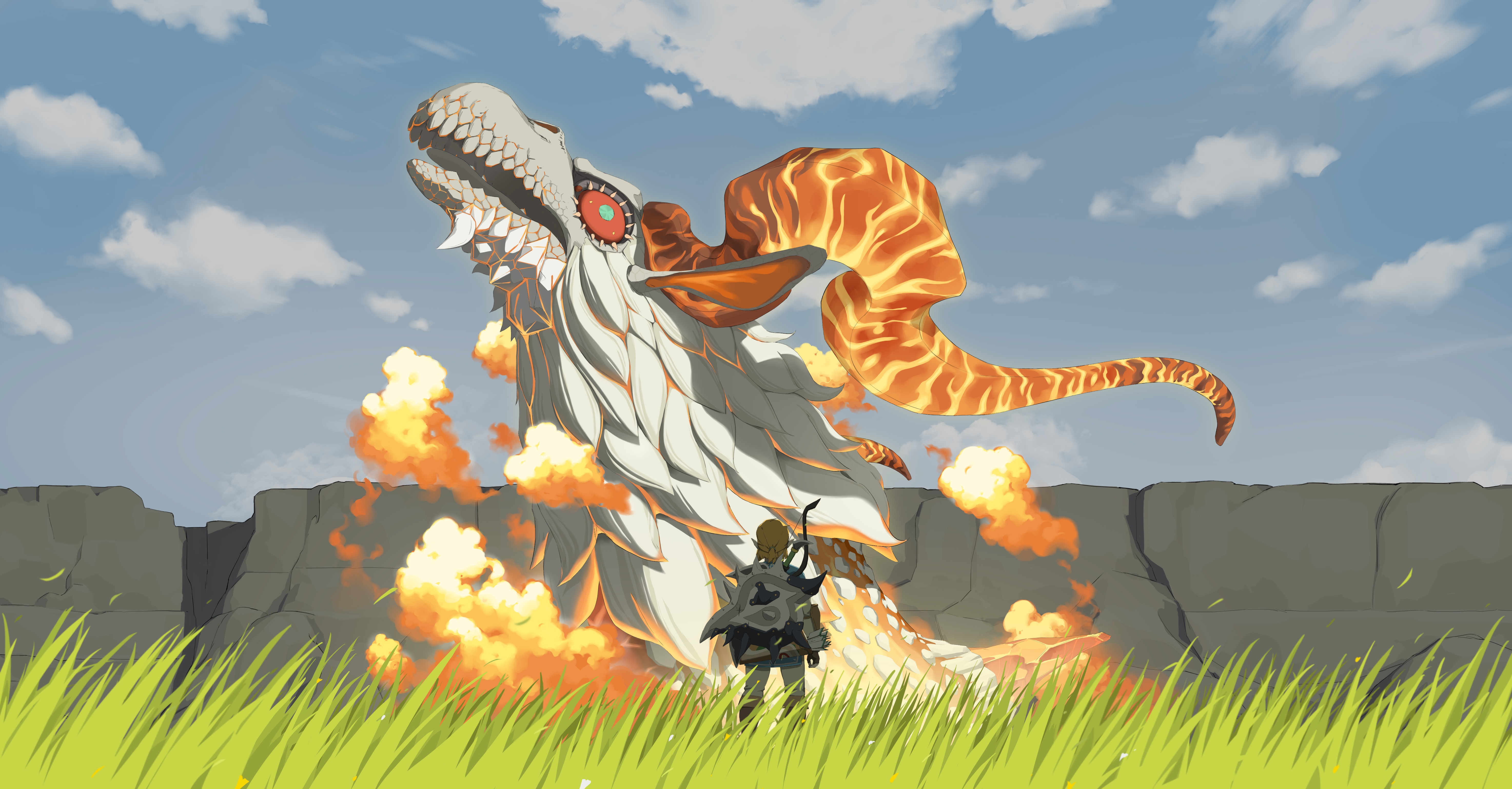 Link faces a fiery dragon in The Legend of Zelda: Breath of the Wild HD Wallpaper