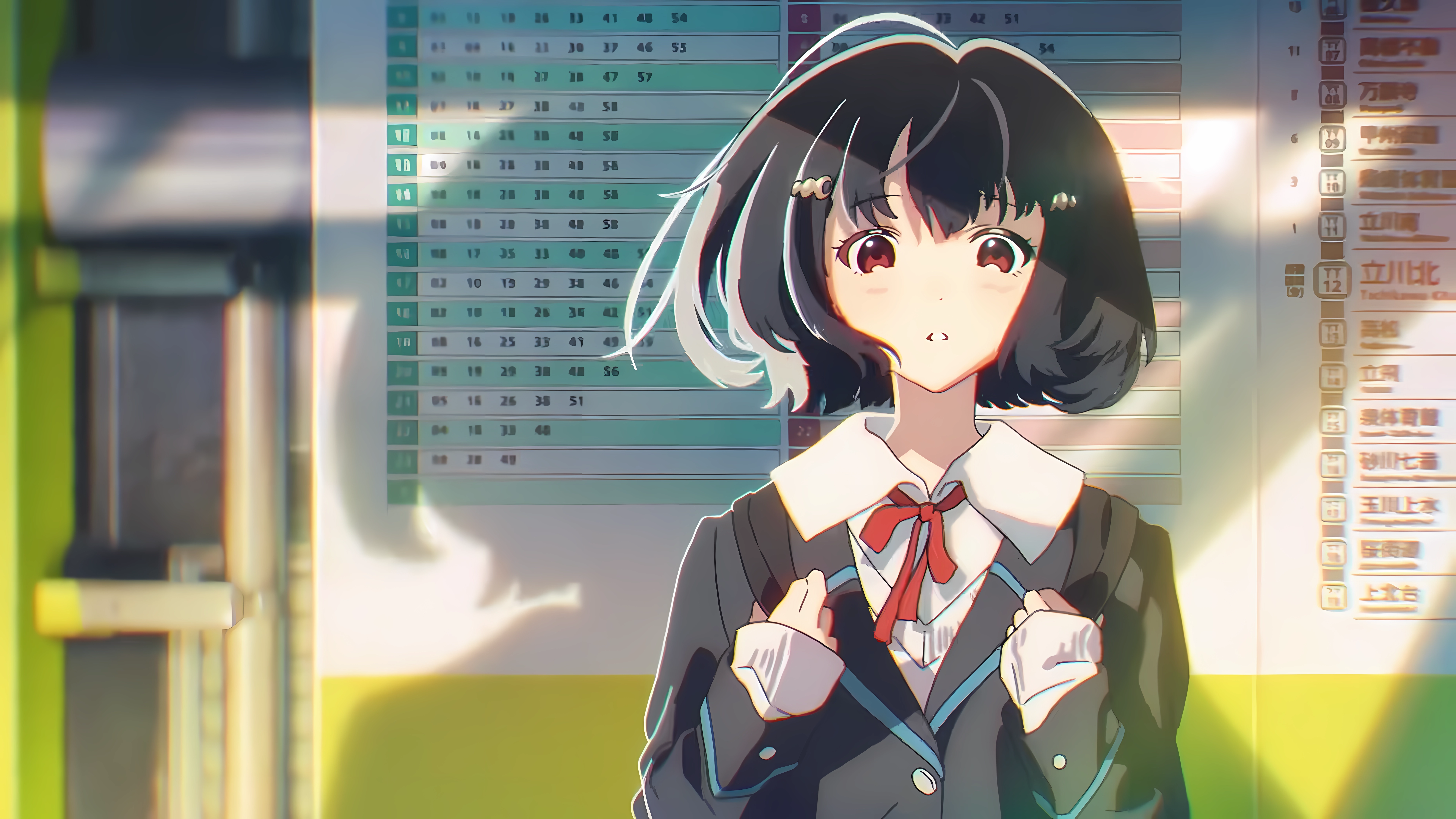 Anime girl in school uniform at train station HD Wallpaper