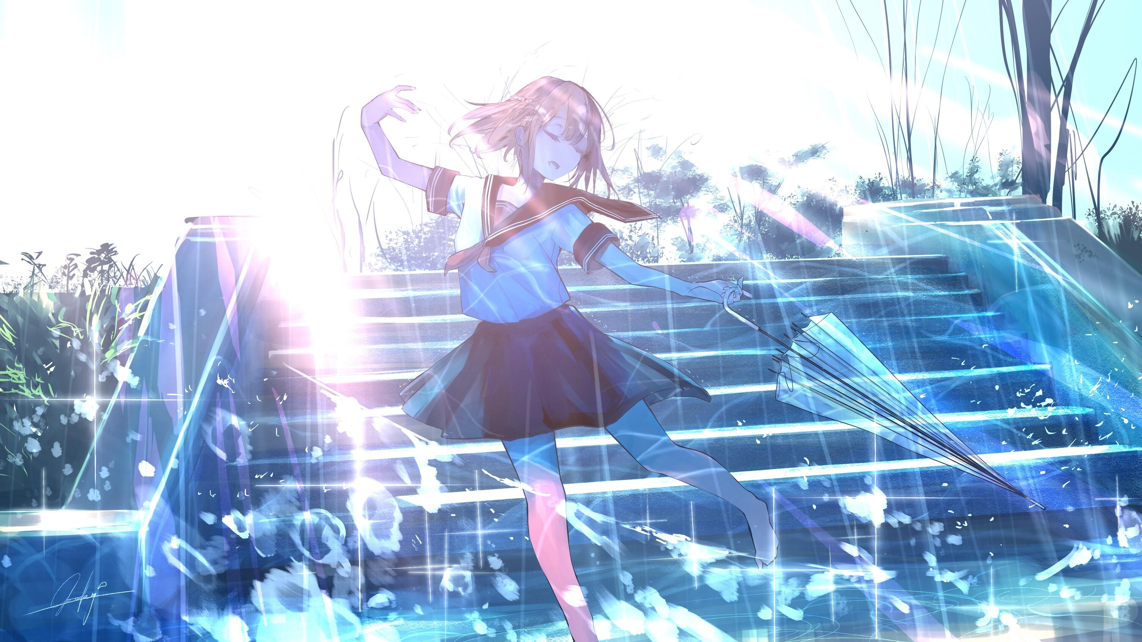4K Schoolgirl with Umbrella on Stairs HD Wallpaper