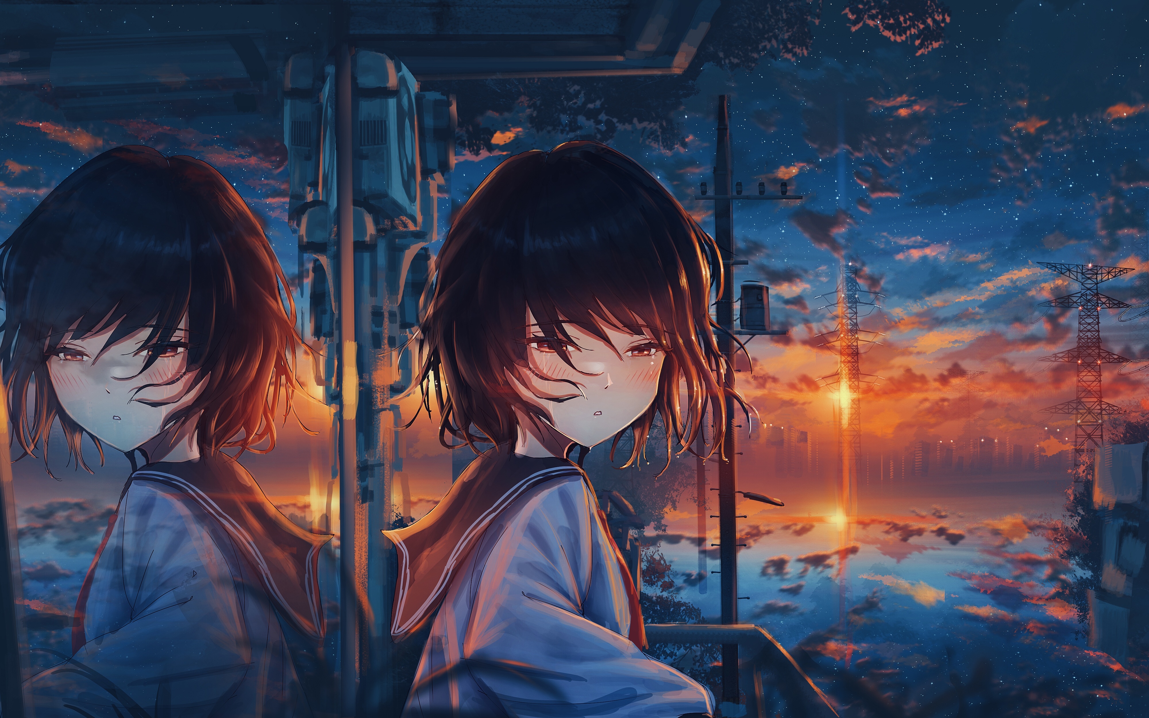 Schoolgirl with reflection at sunset HD Wallpaper
