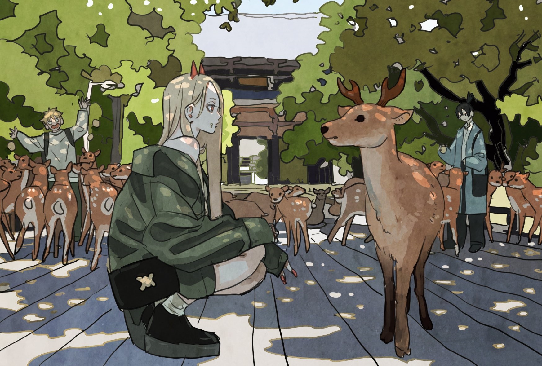 Power and deer in a Japanese garden HD Wallpaper
