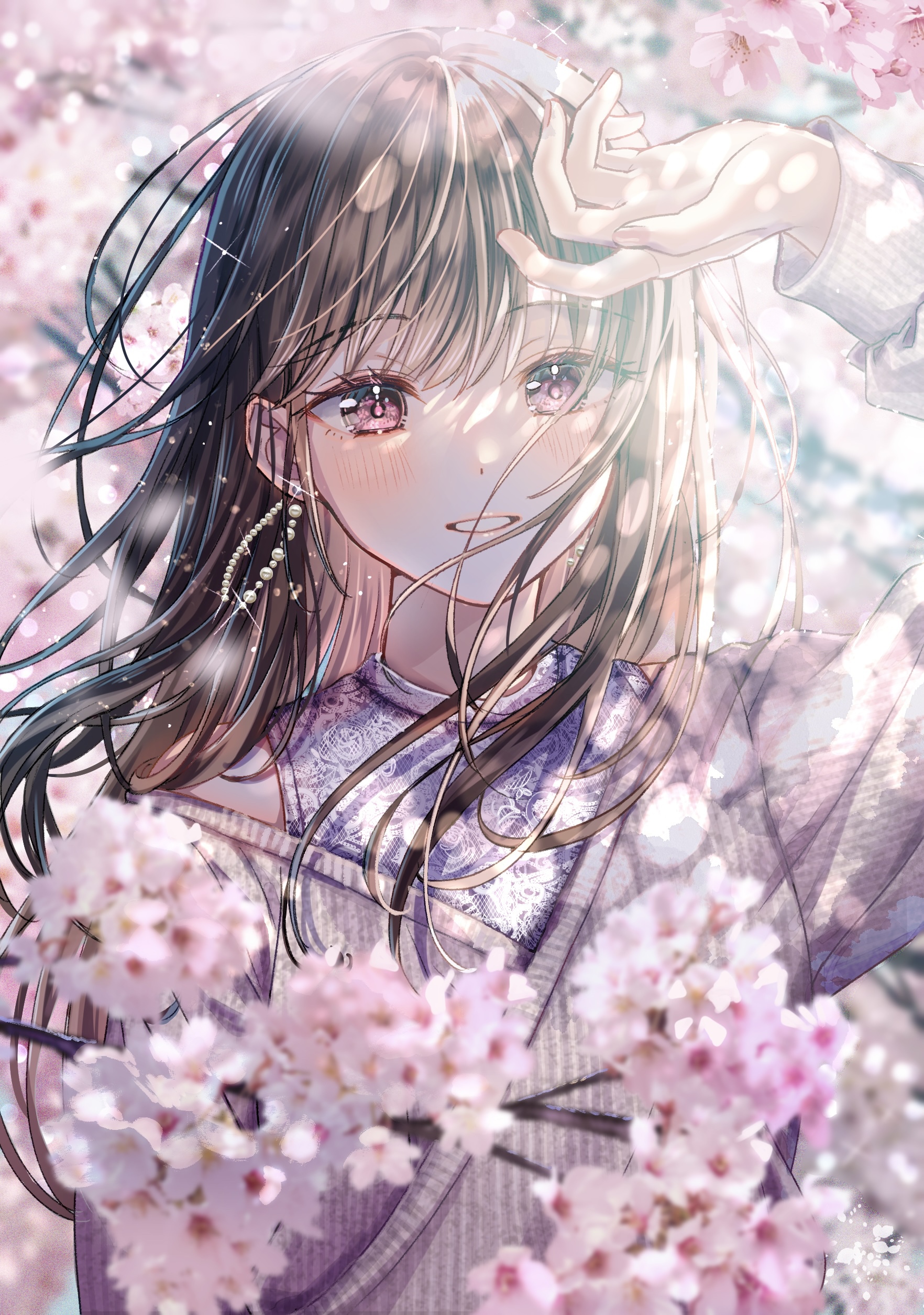 Anime girl with pink eyes and cherry blossoms HD Phone Wallpaper