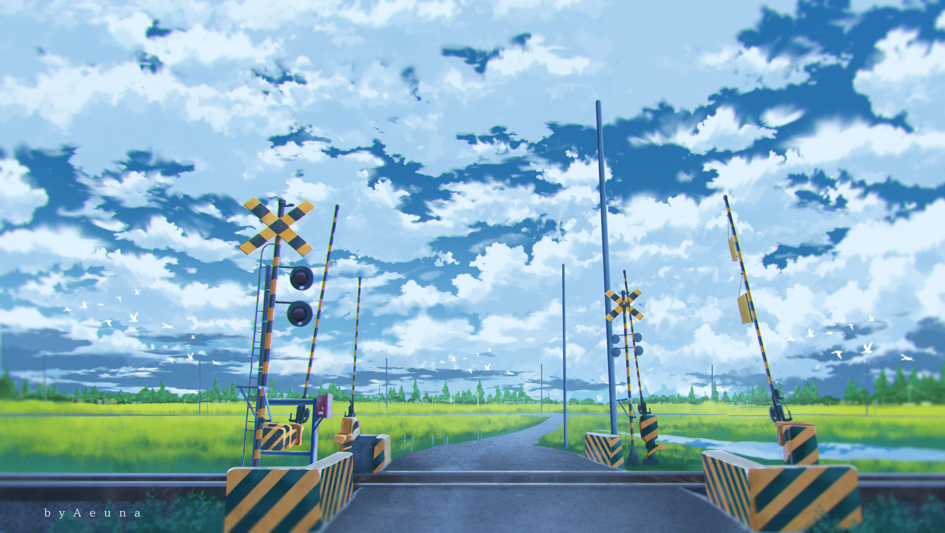 4K Railway Crossing with Fields and Sky HD Wallpaper